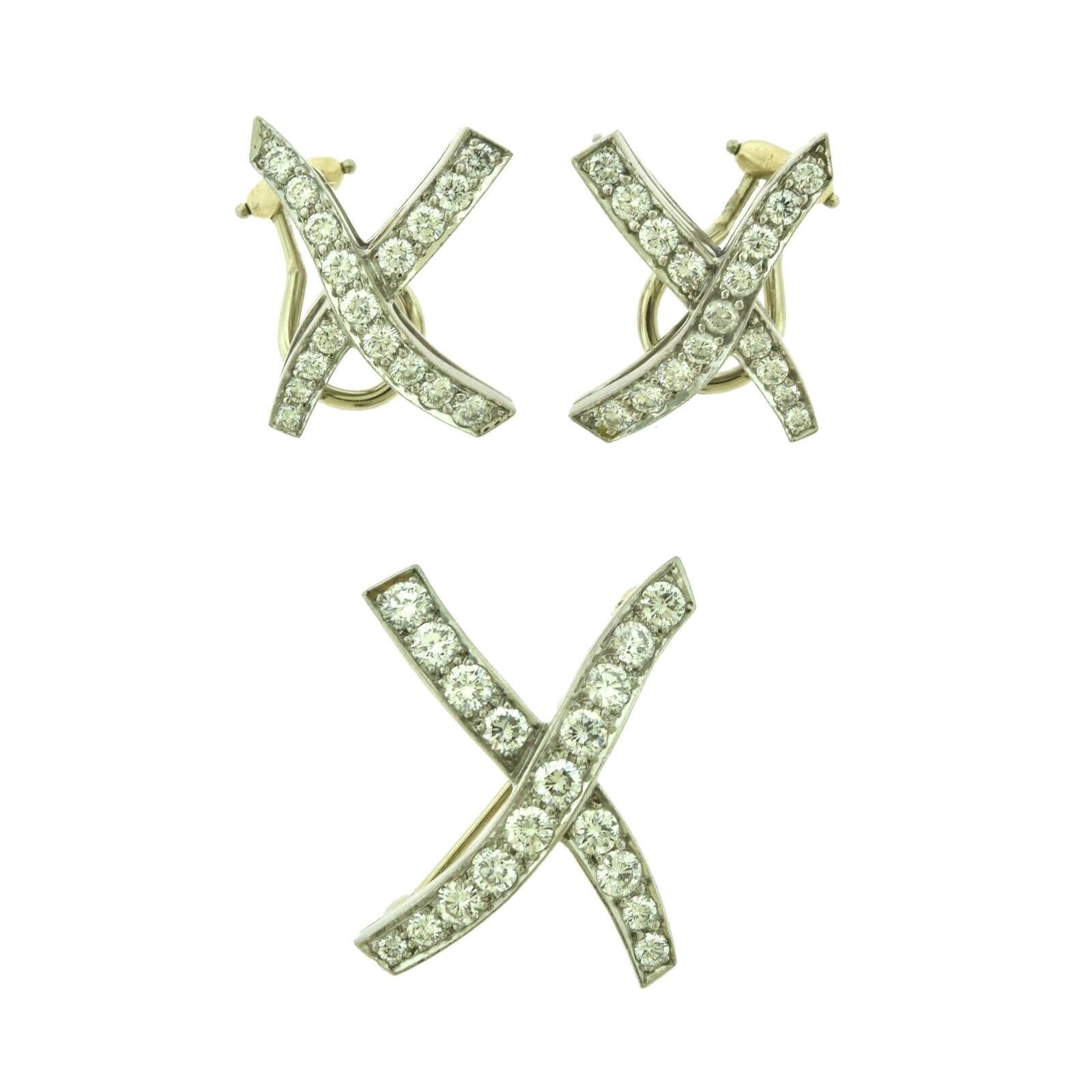 Tiffany & Co. Paloma Picasso Kiss "X" Diamond Platinum Earrings and Brooch Set For Sale