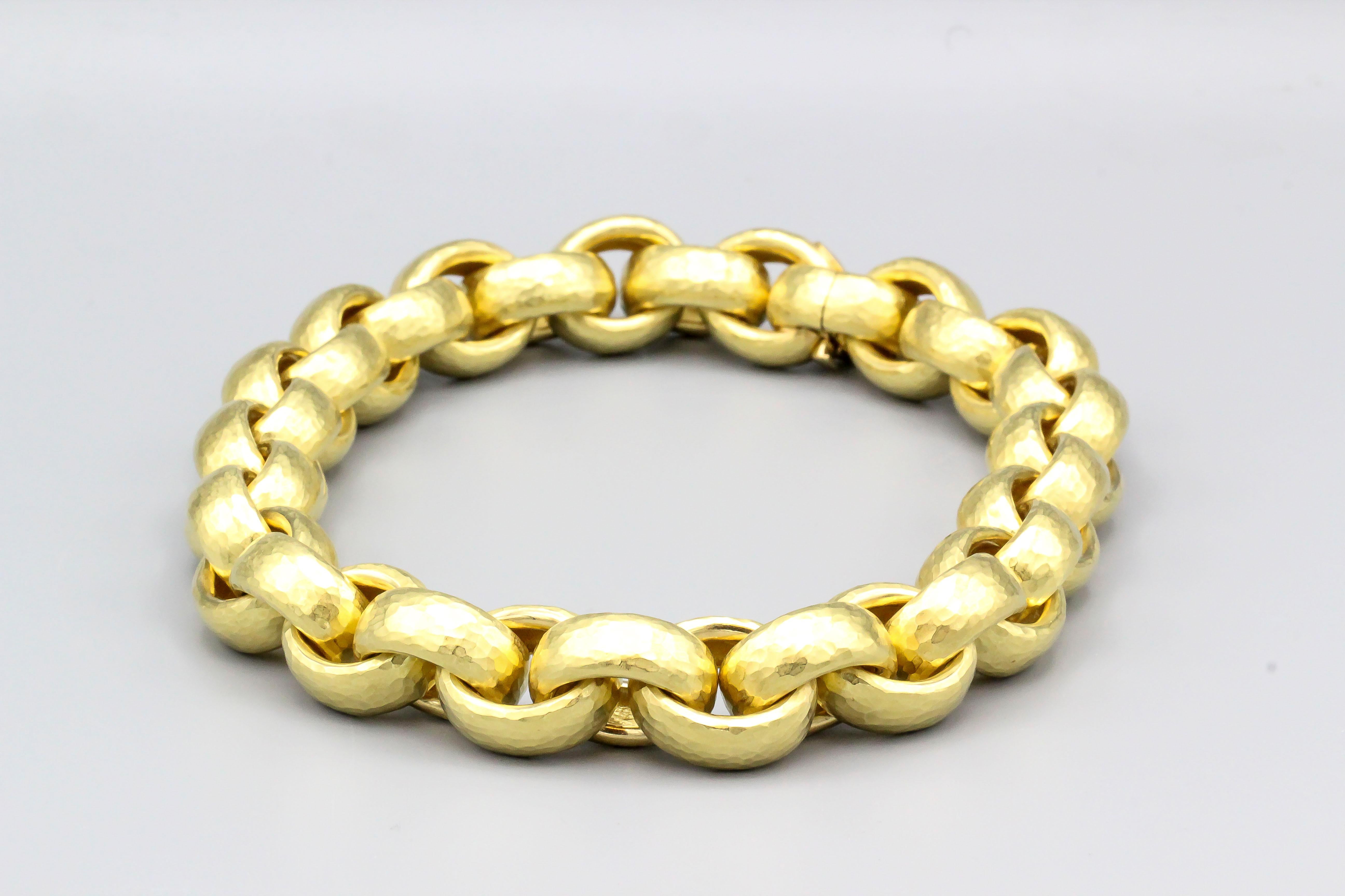 Fine 18K yellow gold hammered link necklace by Tiffany & Co. Paloma Picasso, circa 1989. Arguably the most recognizable and coveted necklace designed by Paloma Picasso, it is the largest version made of this model necklace weighing approx 200 grams.