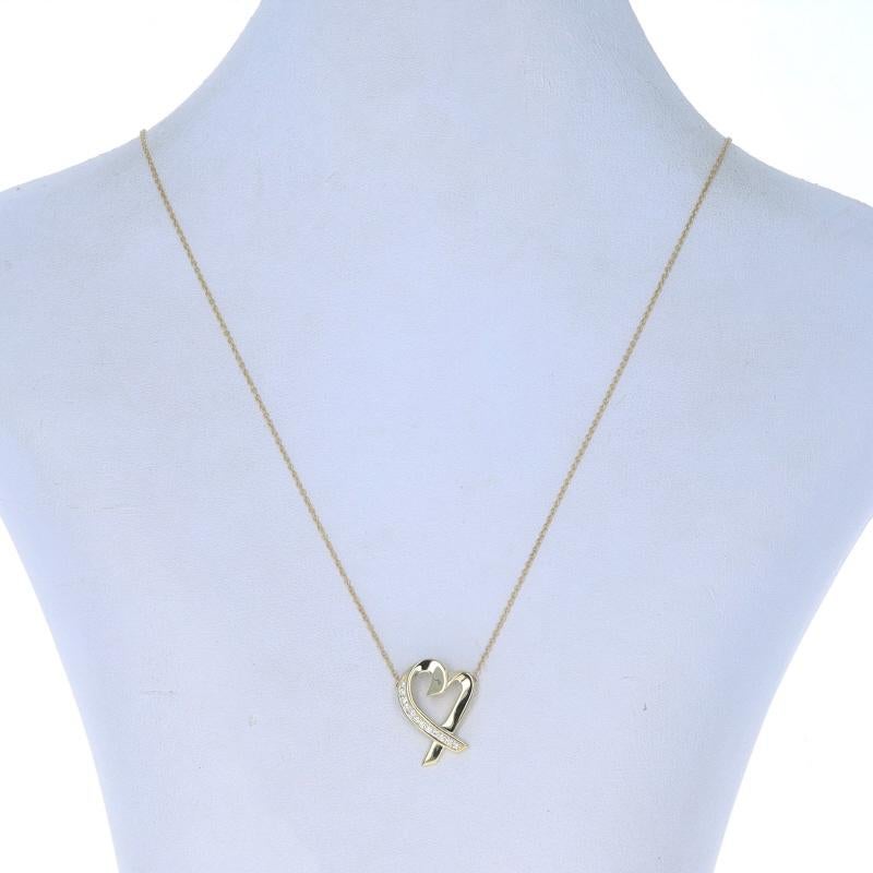 Retail Price: $3500 (estimated)

Brand: Tiffany & Co.
Designer: Paloma Picasso
Design: Loving Heart (Size: Medium)

Metal Content: 18k Yellow Gold

Stone Information
Natural Diamonds
Carat(s): .14ctw
Cut: Round Brilliant
Color: E - F
Clarity: