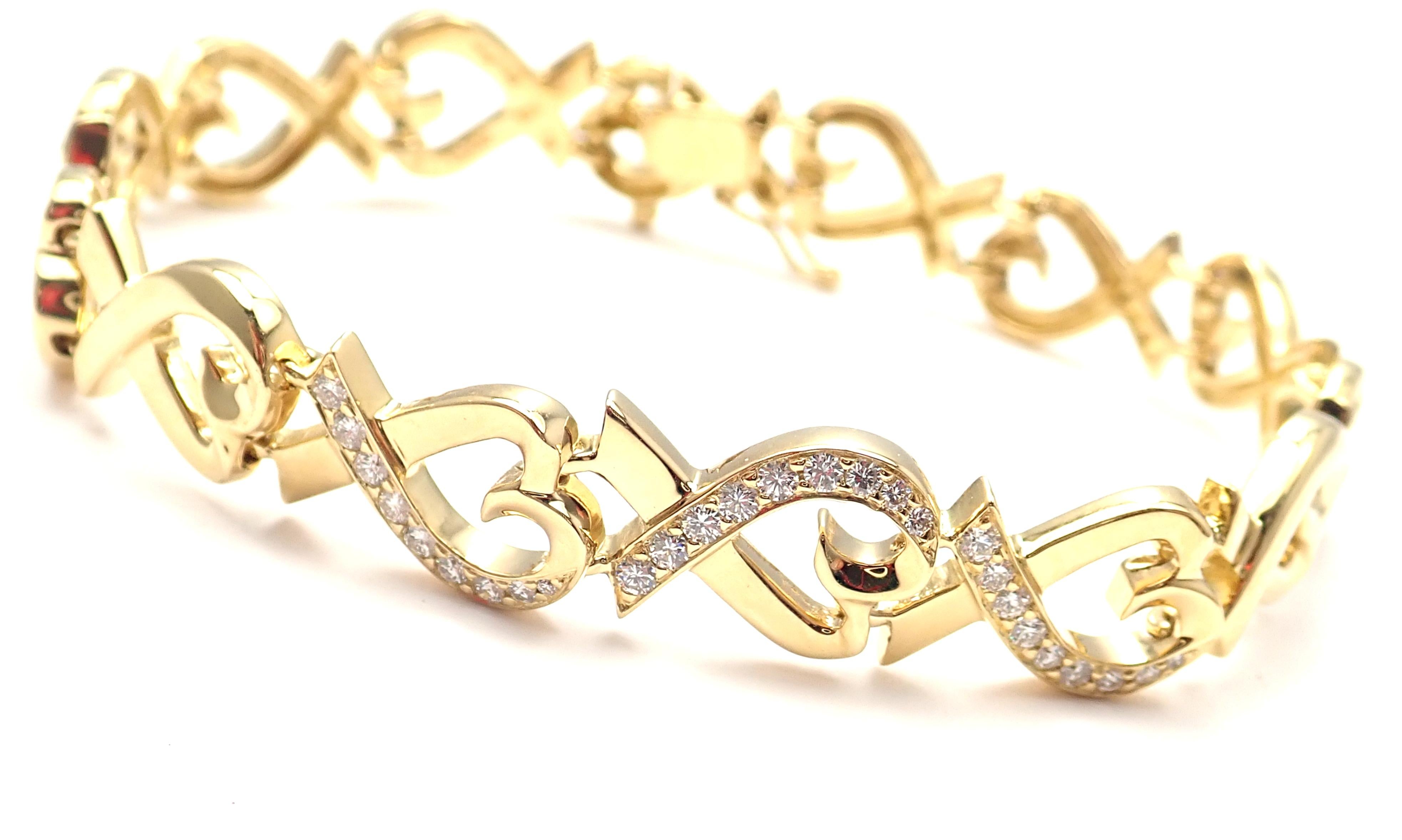 18k Yellow Gold Loving Heart Diamond Bracelet by Paloma Picasso for Tiffany & Co.
With 27 round brilliant cut diamonds VS1 clarity, G color total weight approx. .54ct
Details:
Weight: 27.8 grams
Length: 7