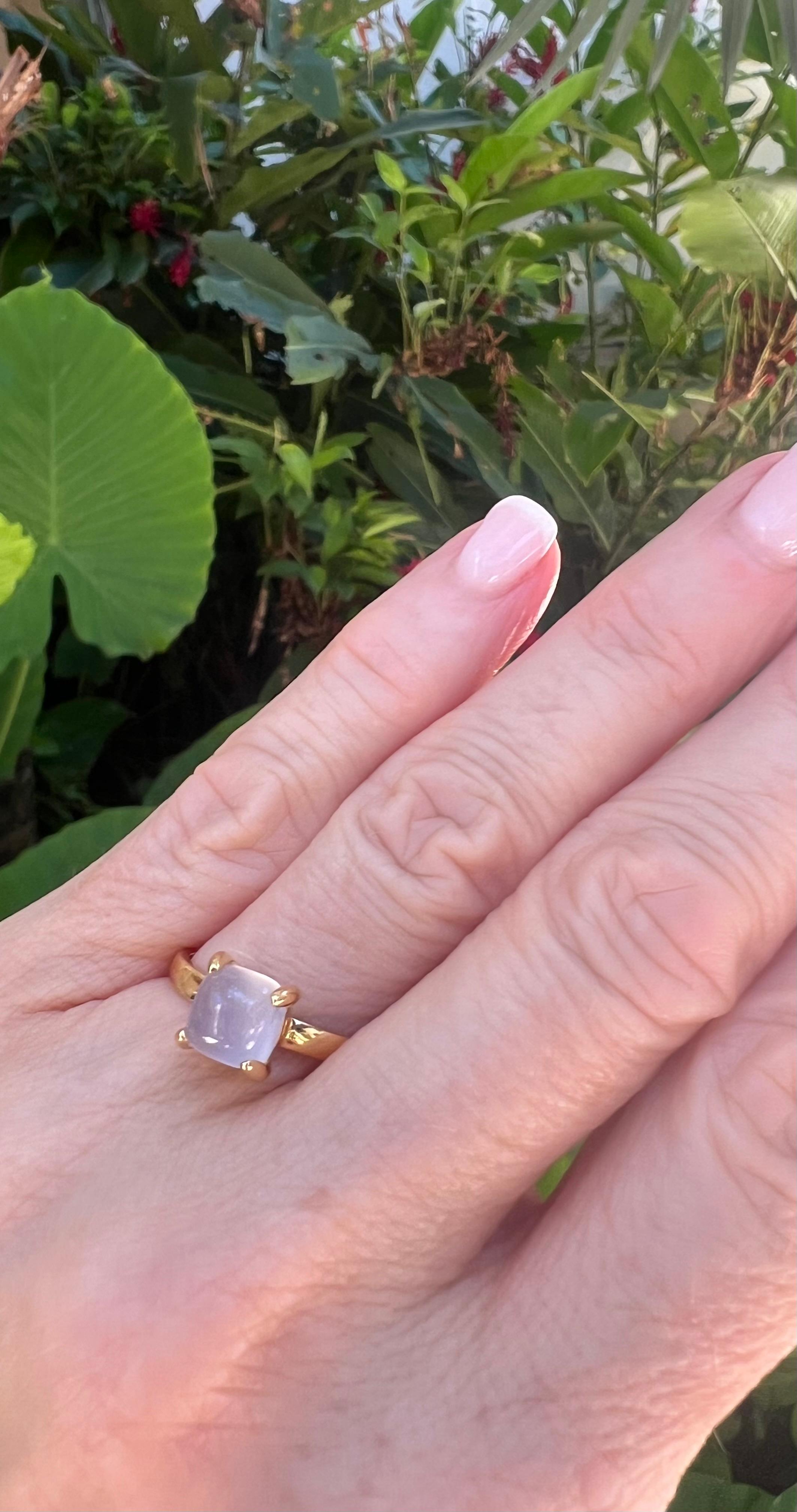 Designed by Paloma Picasso for Tiffany & Co. from the Sugar Stack collection in 18 karat yellow gold and moonstone.  This is the small-size version featuring a sugarloaf cabochon-cut natural moonstone measuring 7.20 x 7.24mm and weighing