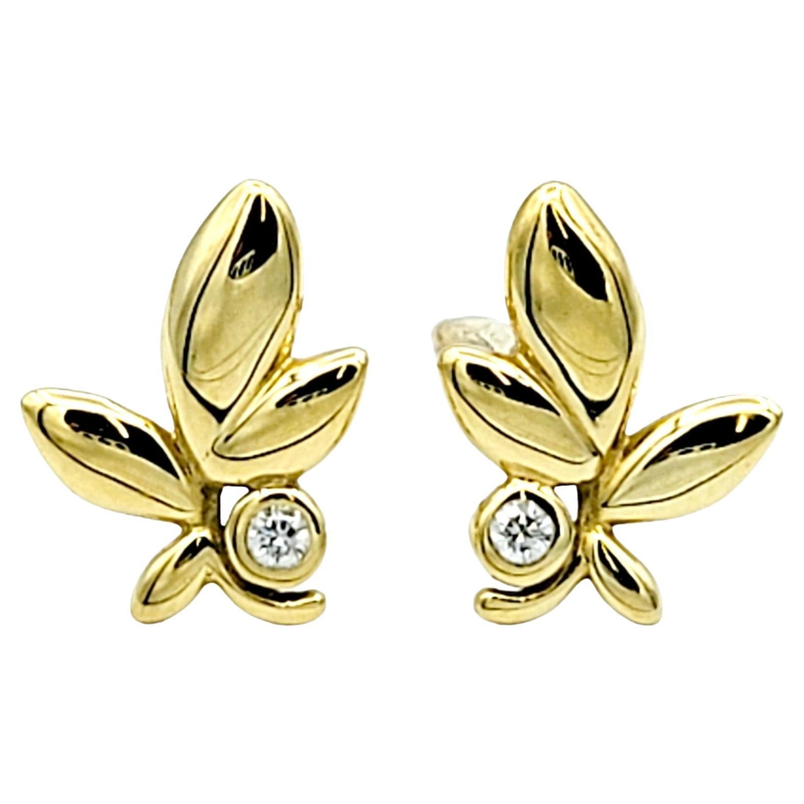 Tiffany & Co. Paloma Picasso Olive Leaf Stud Earrings with Diamond 18 Karat Gold For Sale