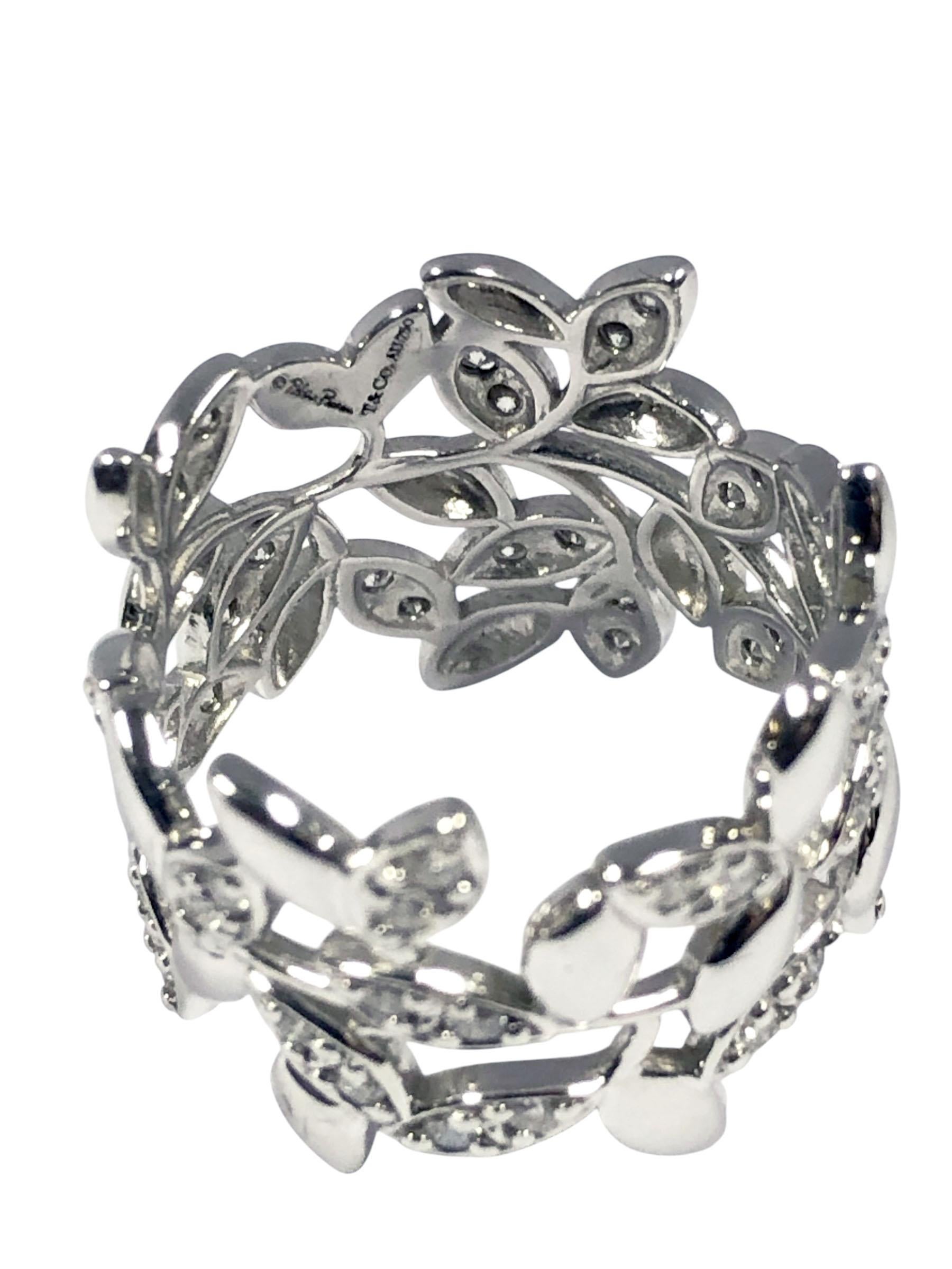Women's or Men's Tiffany & Co Paloma Picasso Olive Leaf White Gold and Diamond Band Ring For Sale