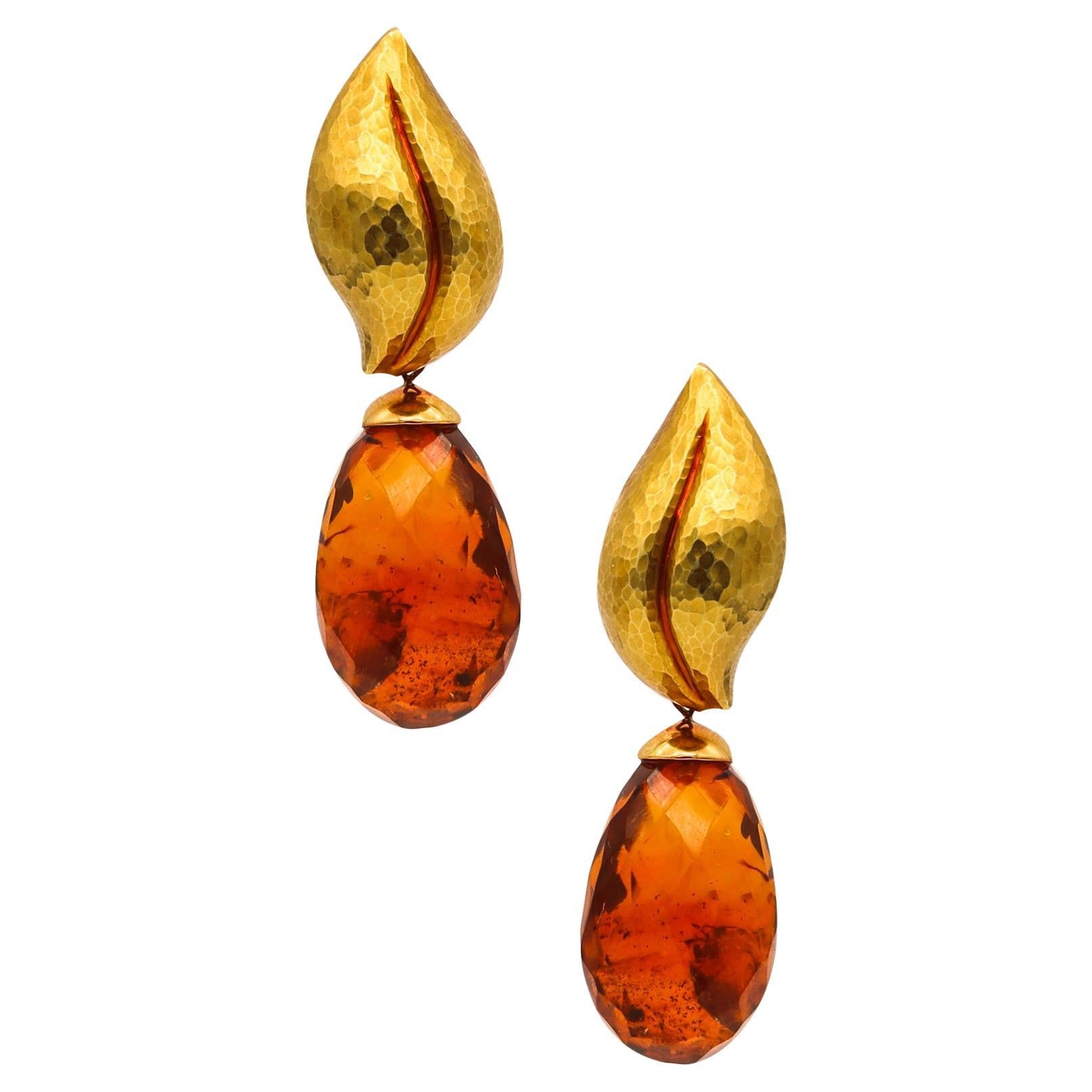 Tiffany & Co Paloma Picasso Pair of Dangle Earrings Hammered 18Kt Gold and Amber For Sale