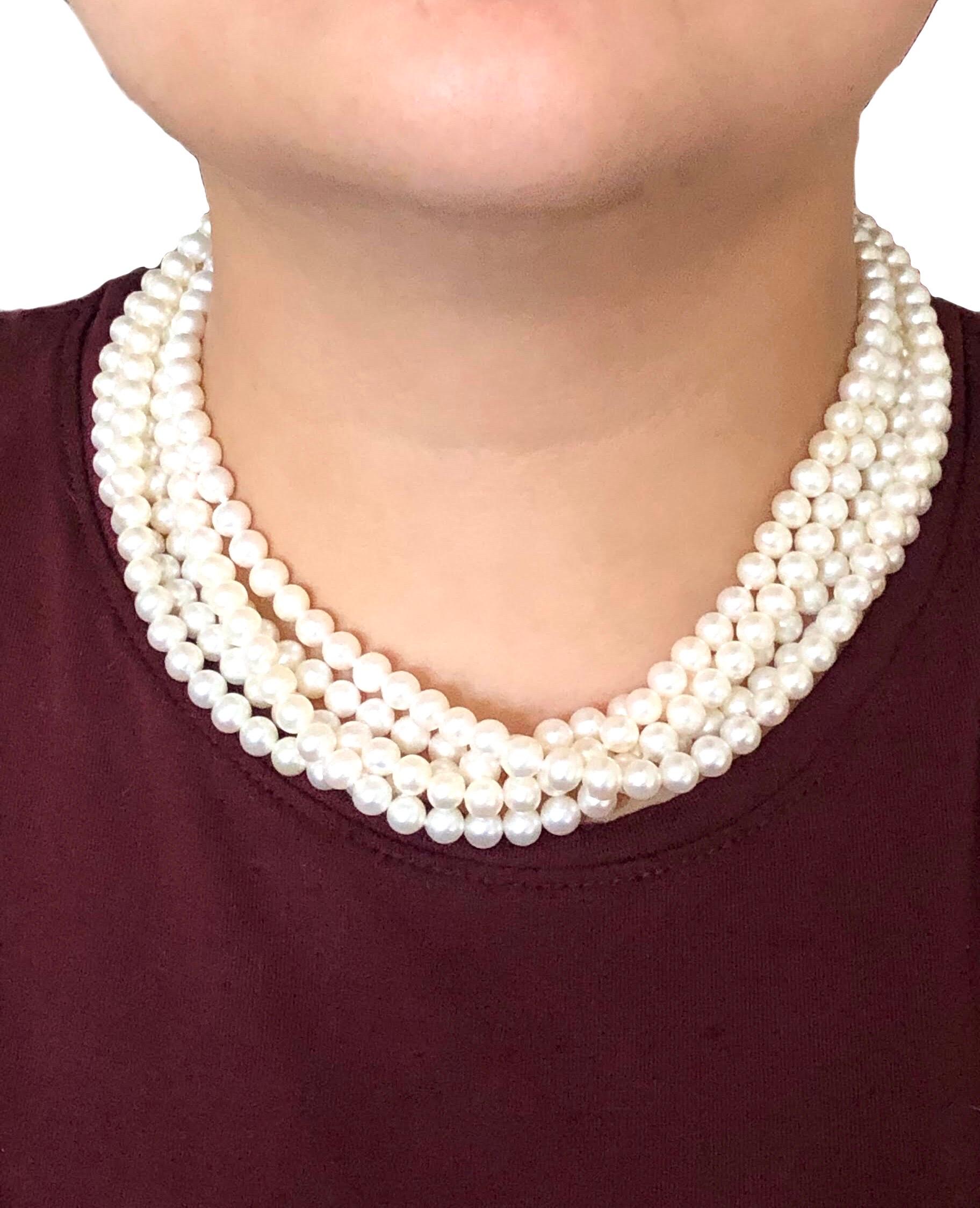 Circa 2018 Paloma Picasso for Tiffany & Company Torsade Necklace, comprising 4 strands of Round 6 M.M. Cultured Pearls that are Fine White luster in color with a light hint of Pink and grade as AA with no surface blemishes. Having Sterling Silver