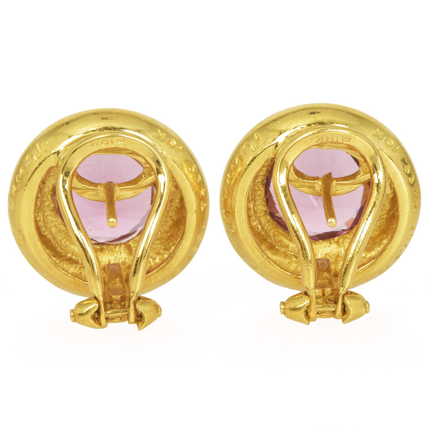 Round Cut Tiffany & Co. Paloma Picasso Pink Topaz 18K Gold Button Clip-On Earrings
