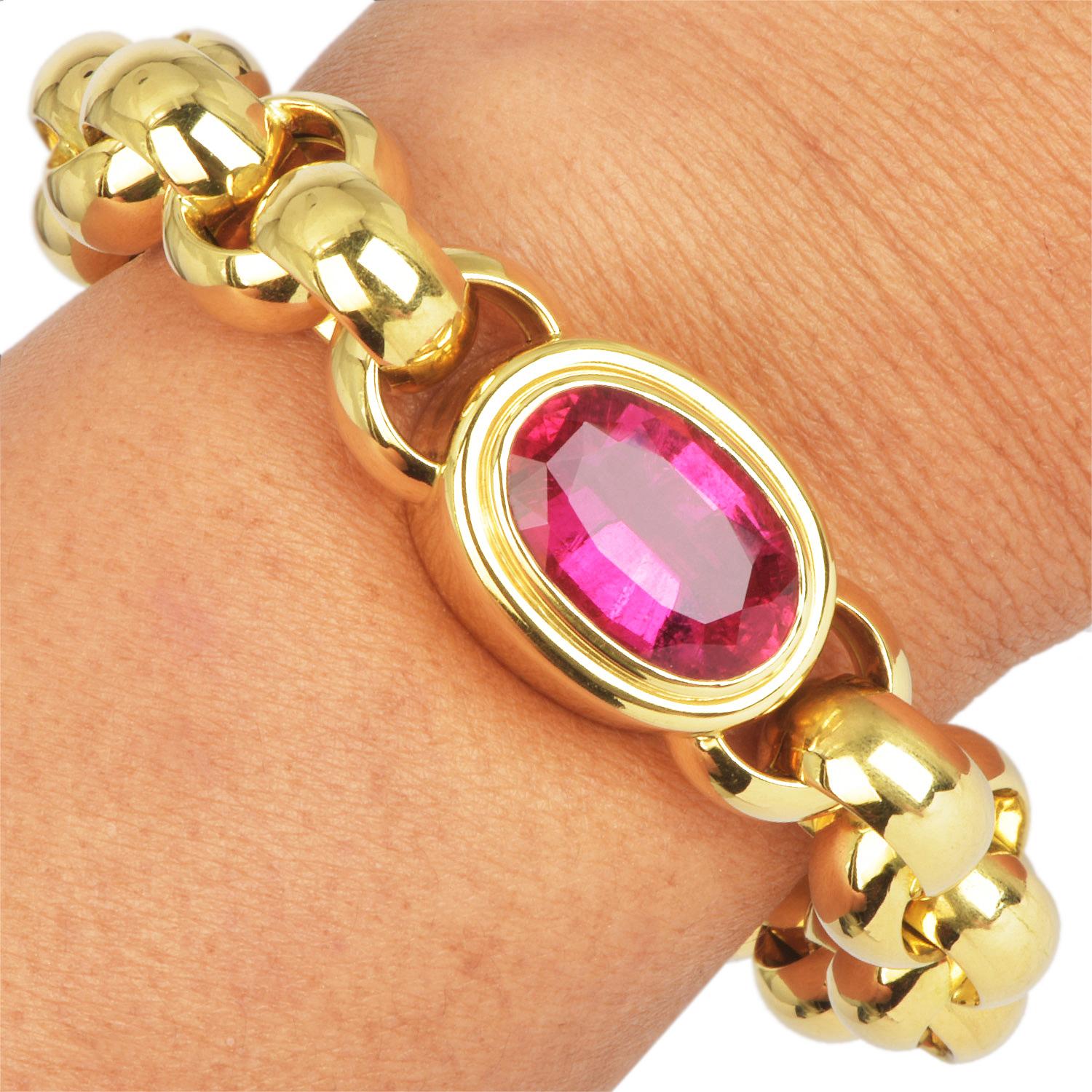 Tiffany & Co. Paloma Picasso Pink Tourmaline 18K Gold Statement Bracelet In Excellent Condition In Miami, FL