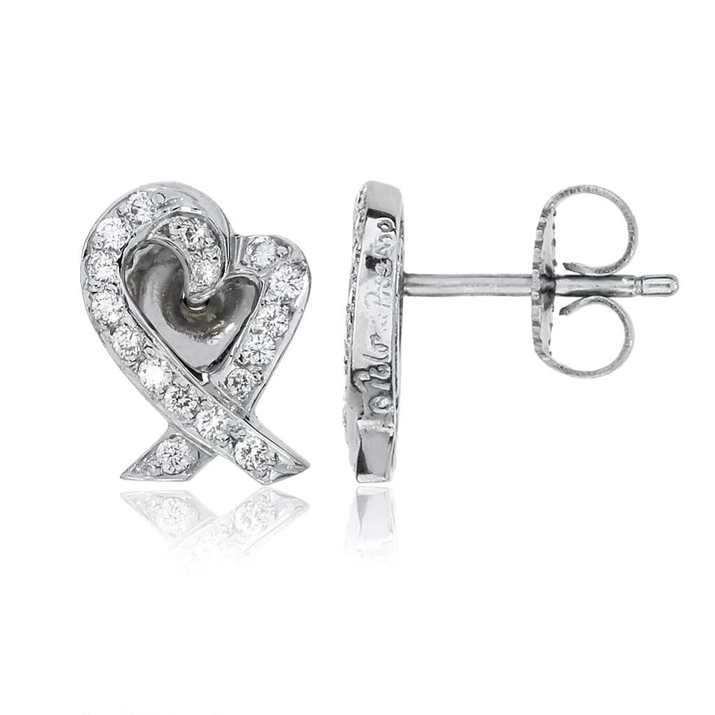 Round Cut TIFFANY & Co. Paloma Picasso Platinum Diamond Loving Heart Earrings