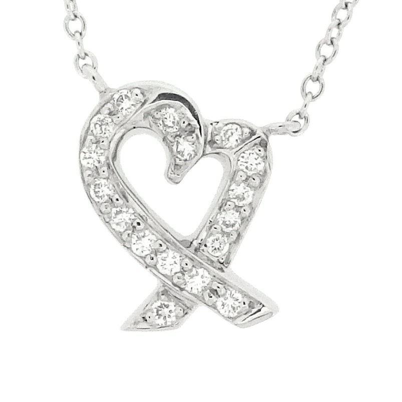 Round Cut TIFFANY & Co. Paloma Picasso Platinum Diamond Loving Heart Pendant Necklace For Sale