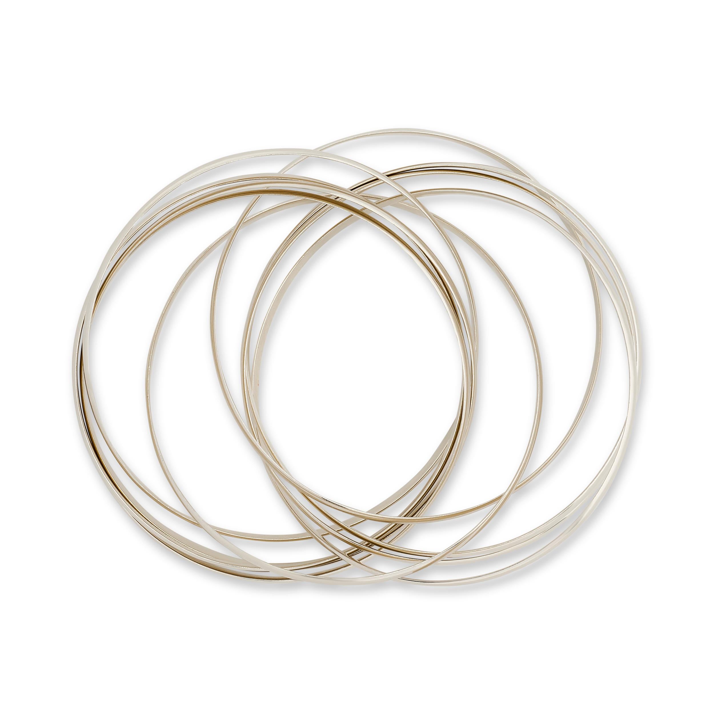 La Tiffany & Co. Paloma Picasso Sterling Silver 9 Rolling Bangles è un braccialetto con nove bande in argento sterling che si intrecciano tra loro in modo fluido, creando un pezzo dinamico ed elegante.

Firmato 