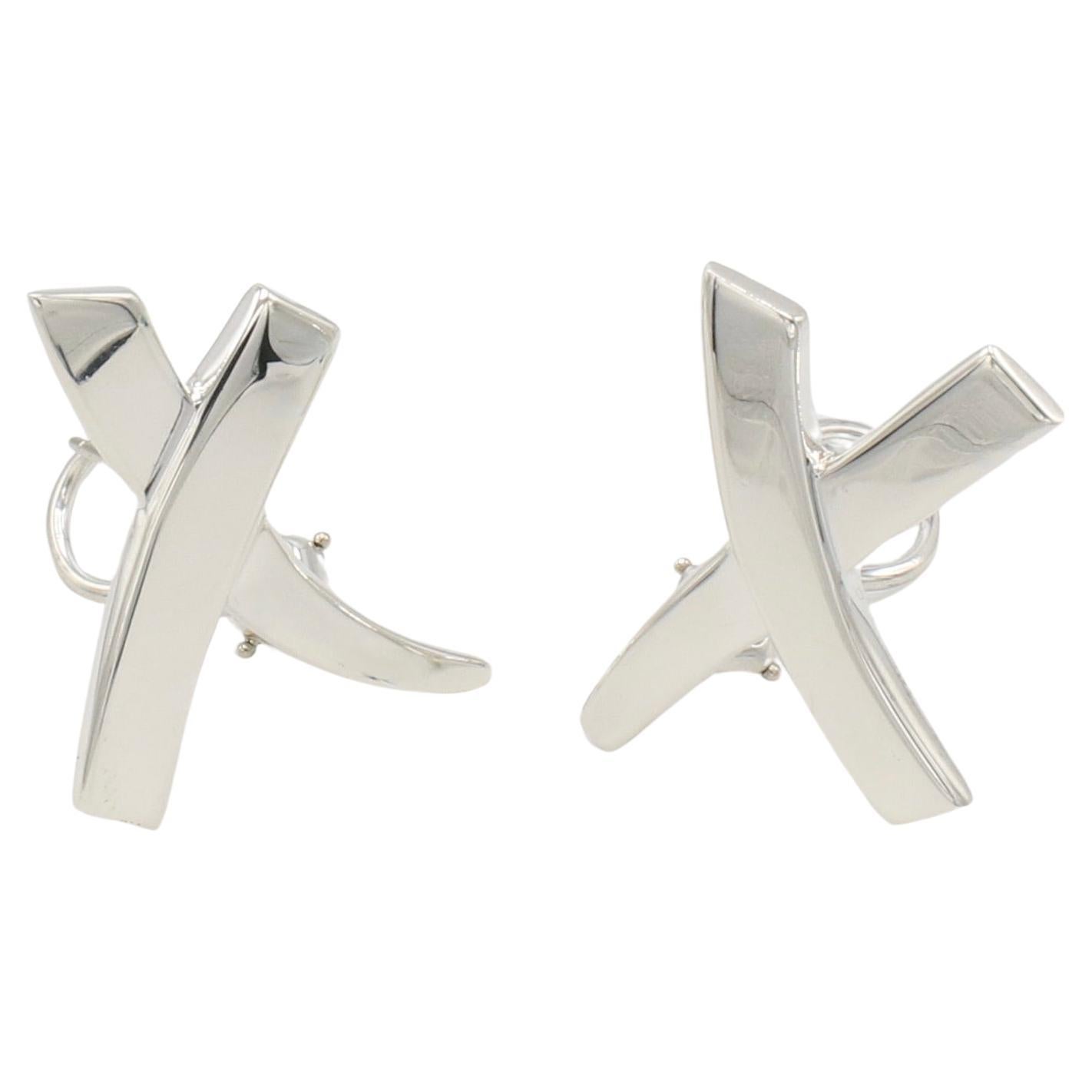 Tiffany & Co. Paloma Picasso Sterling Silver Large Graffiti X Earrings 
Metal: Sterling silver 925
Weight: 10.3 grams
Dimensions: 18 x 26mm
Signed: ©Tiffany & Co. Paloma Picasso 925
Backs: Lever backs with posts
Note: Hook for a drop to be attached