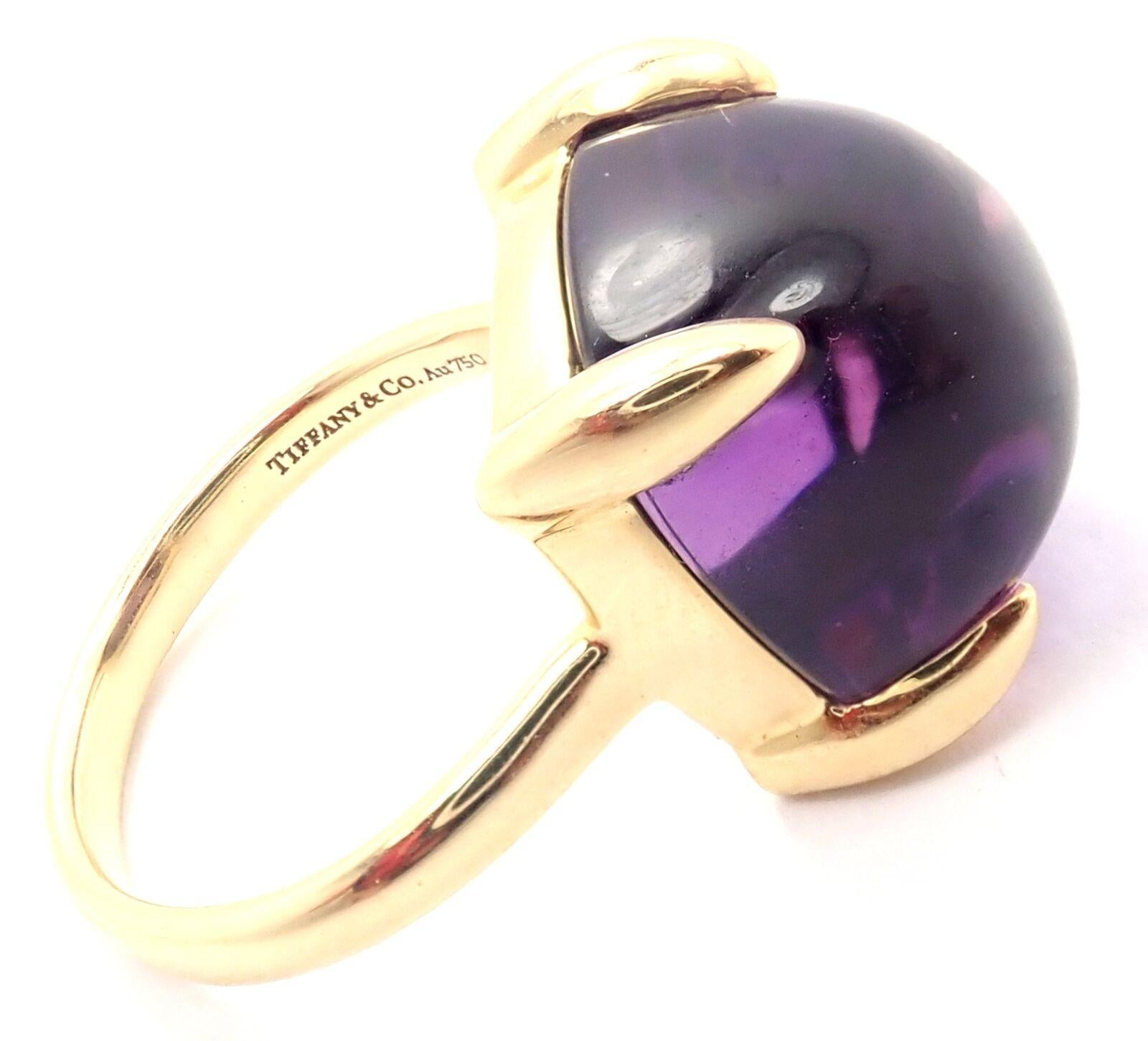 18k Yellow Gold Sugar Stacks Large Amethyst Ring by Paloma Picasso for Tiffany & Co. 
With Large amethyst 13mmx13mm approximately 8ct
Details: 
Ring Size: 5
Weight:  6.1 grams
Width at Top: 13mm
Stamped Hallmarks: Tiffany & Co 750 Paloma
