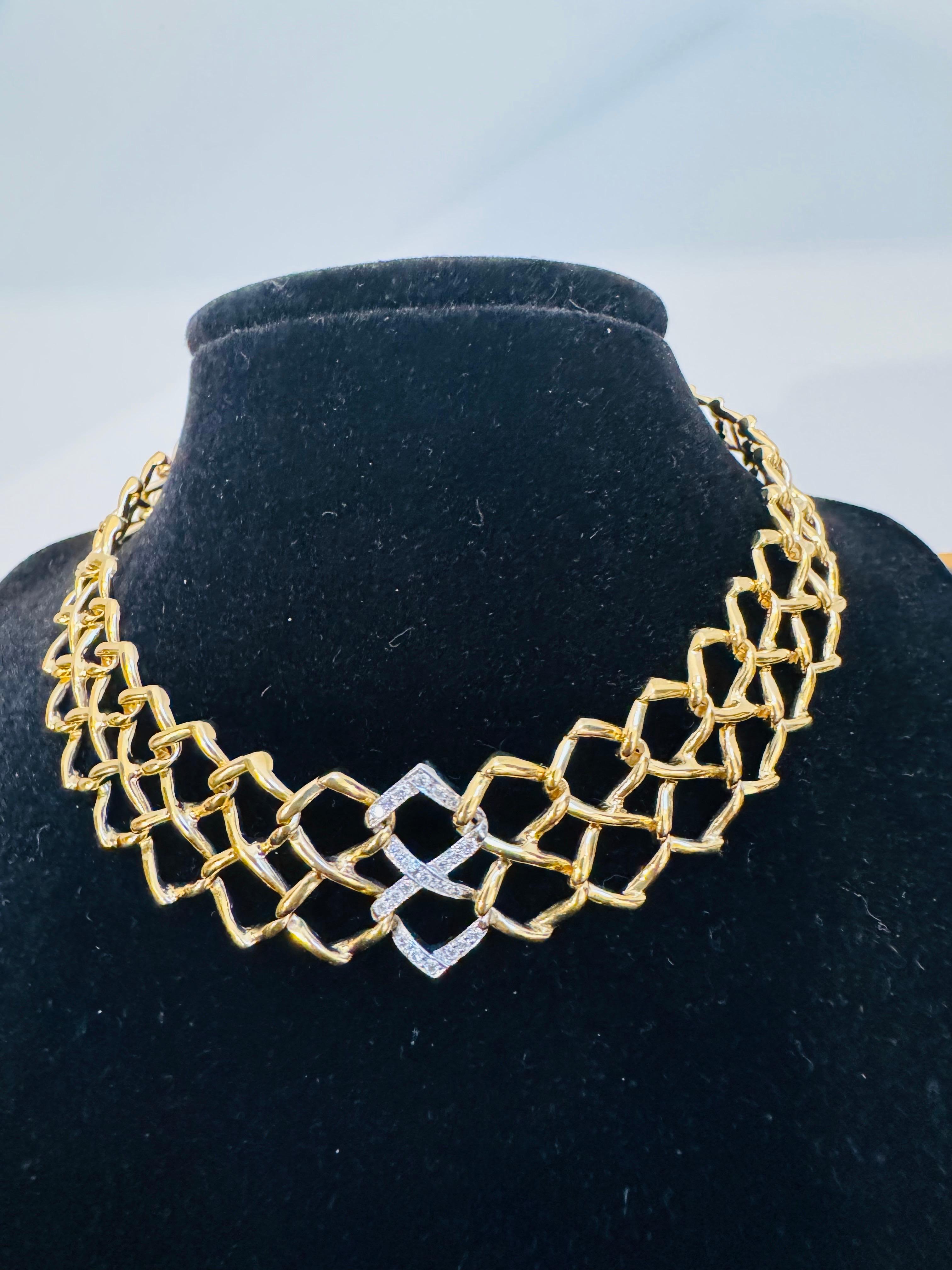 Tiffany & Co. Paloma Picasso Yellow Gold And Platinum Diamond Choker.
Its a very heavy 18 Karat gold 75.1 gm 
Rare vintage Tiffany & Co necklace designed by Paloma Picasso, crafted in 18 karat yellow gold (circa 1982).

Dating to 1982 the bold open