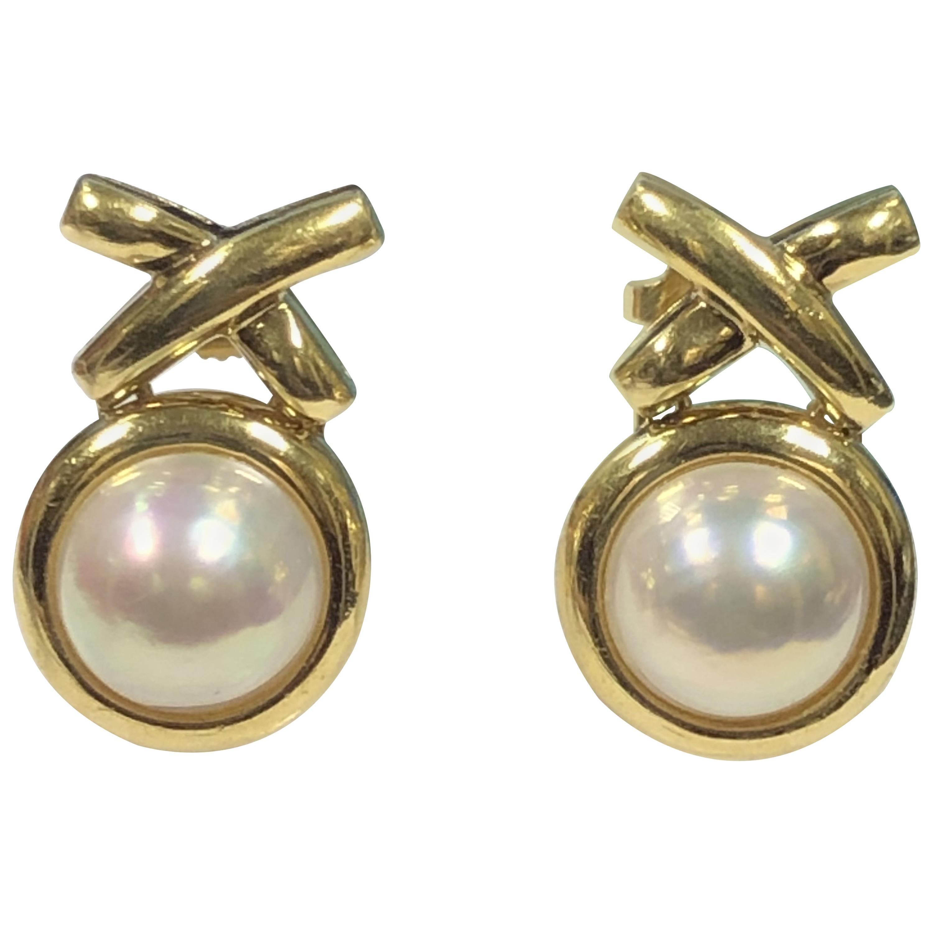 Tiffany & Co. Paloma Picasso X Collection Yellow Gold and Pearl Earrings For Sale