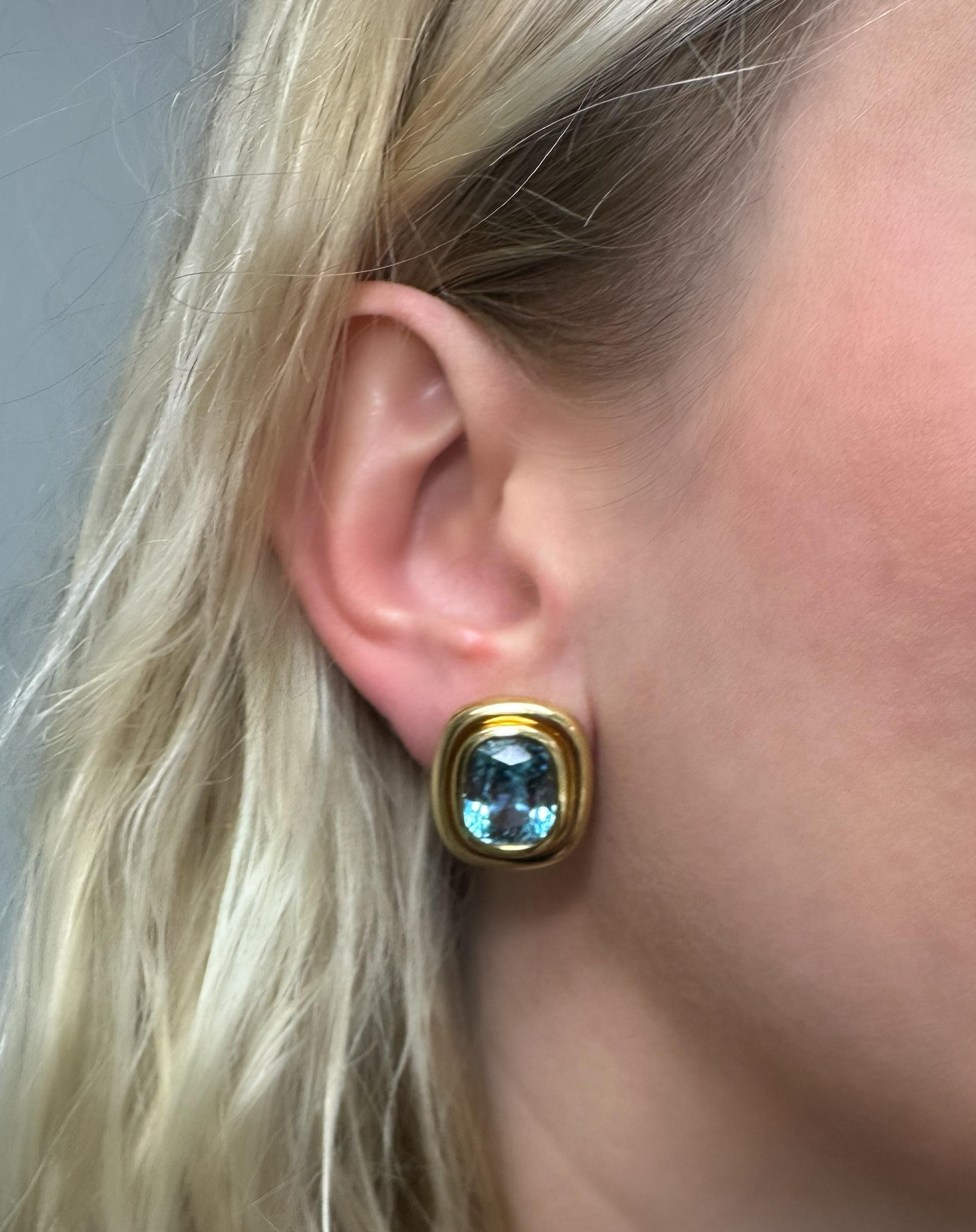 Cushion Cut Tiffany & Co., Paloma Picasso, Yellow Gold and Aquamarine Double Bezel Earrings