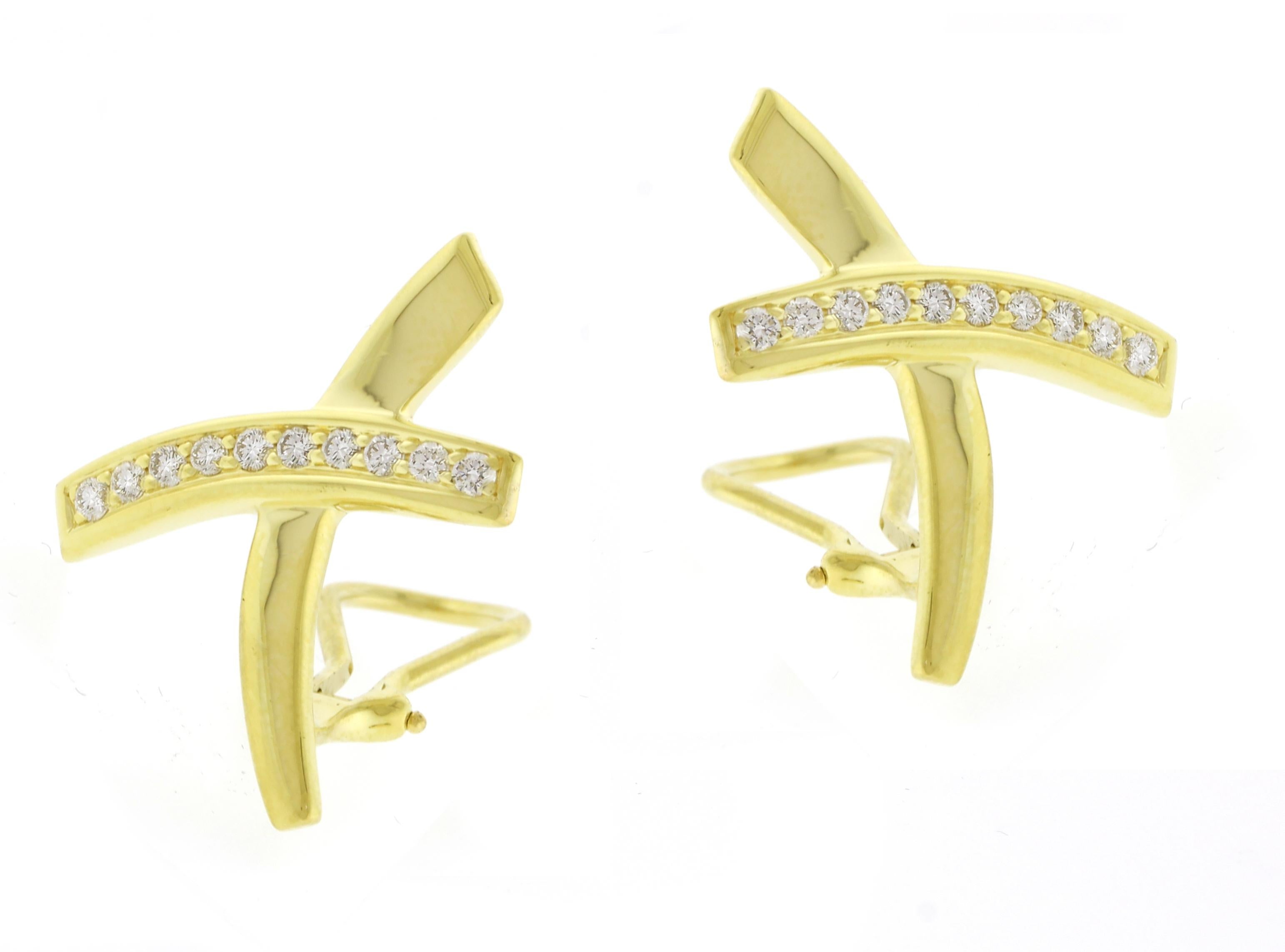 From Tiffany & Co, Paloma Picasso’s designed Graffiti X diamond and 18 karat gold earrings.  
• Designer: Paloma Picasso for Tiffany & Co.
• Metal: 18 karat gold
• Circa: Late 20th Century
• Size: 1 inch by ¾ inch
• 8.9 grams
• 22 Diamonds =.65
