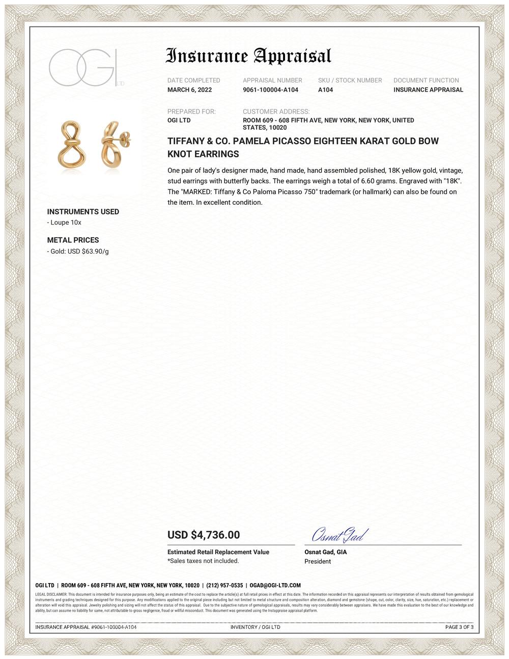 Tiffany & co Pamela Picasso 18 karat yellow gold bow knot earrings 
MEASUREMENTS: Earrings are 22mm x 12.7mm at widest point
MARKED: Tiffany & Co Paloma Picasso 750
Tiffany & Co. is an American luxury jewelry and specialty retailer headquartered in