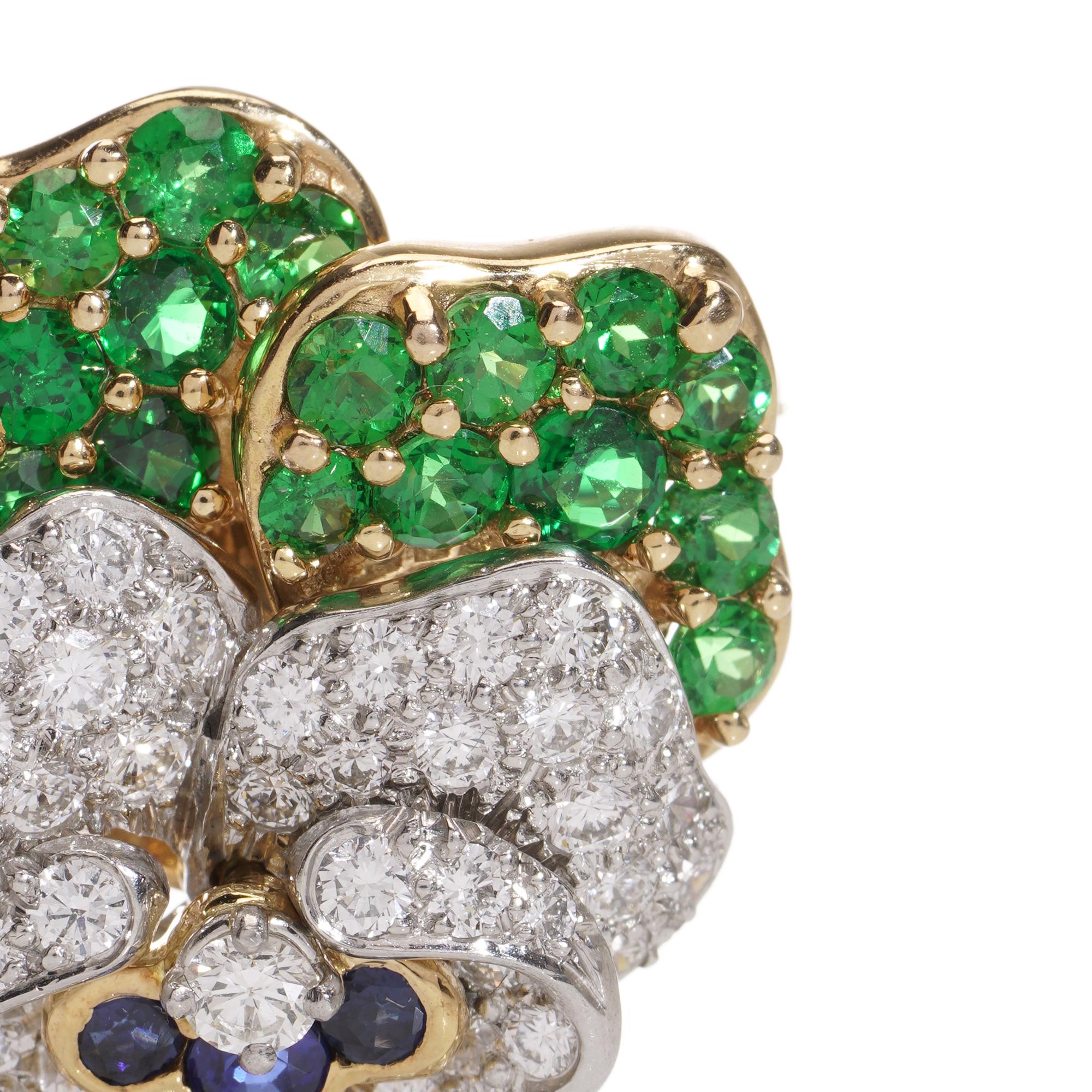 Tiffany & Co. Pansy-Brosche mit Diamanten, Saphiren, Tsavorit-Granats (Brillantschliff) im Angebot