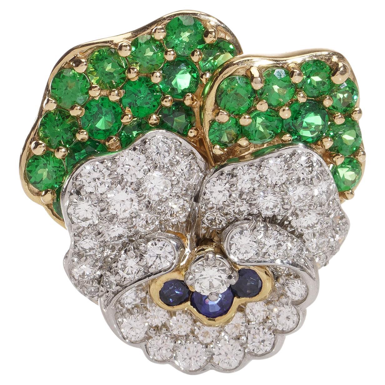 Tiffany & Co. Pansy-Brosche mit Diamanten, Saphiren, Tsavorit-Granats im Angebot