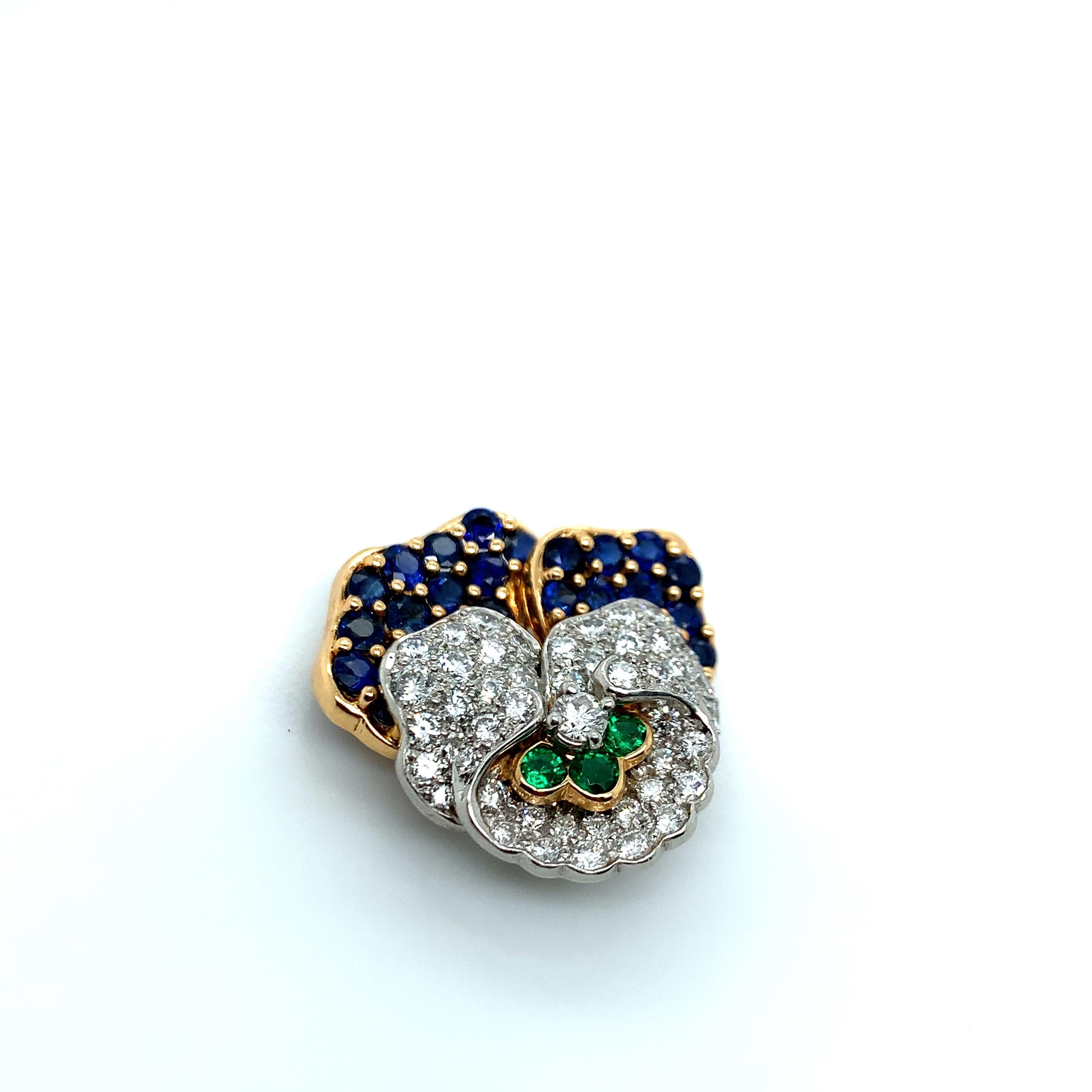 Tiffany & Co. Stiefmütterchen Saphir Smaragd Diamant Gold Platin Brosche im Angebot 3