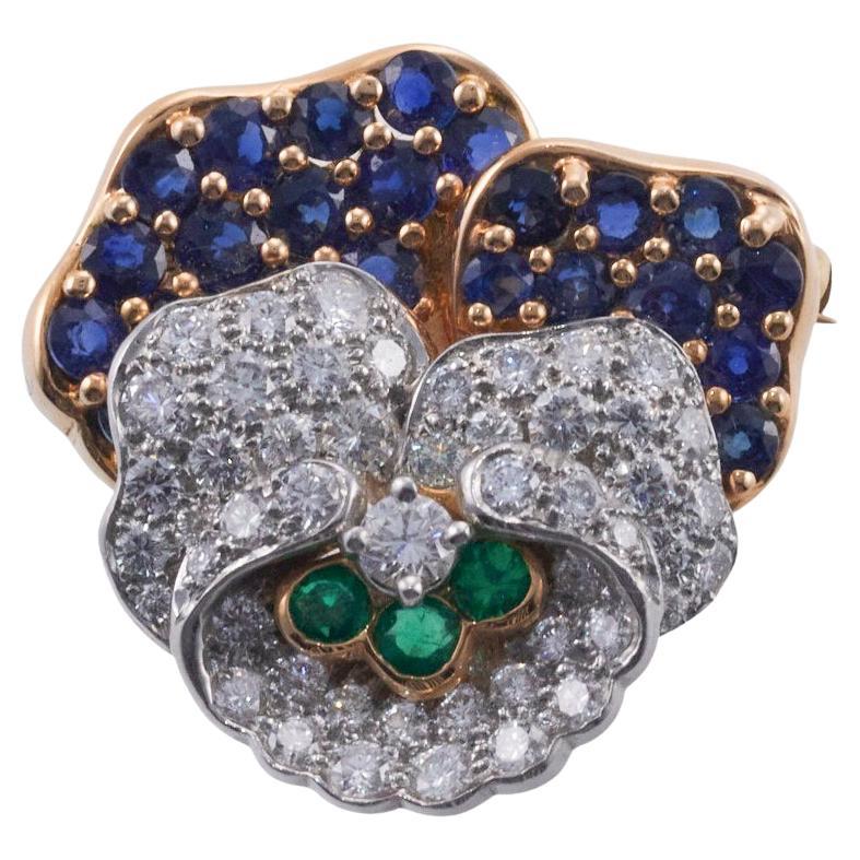 Tiffany & Co. Broche Pansy en or et platine avec saphir, émeraude et diamant en vente