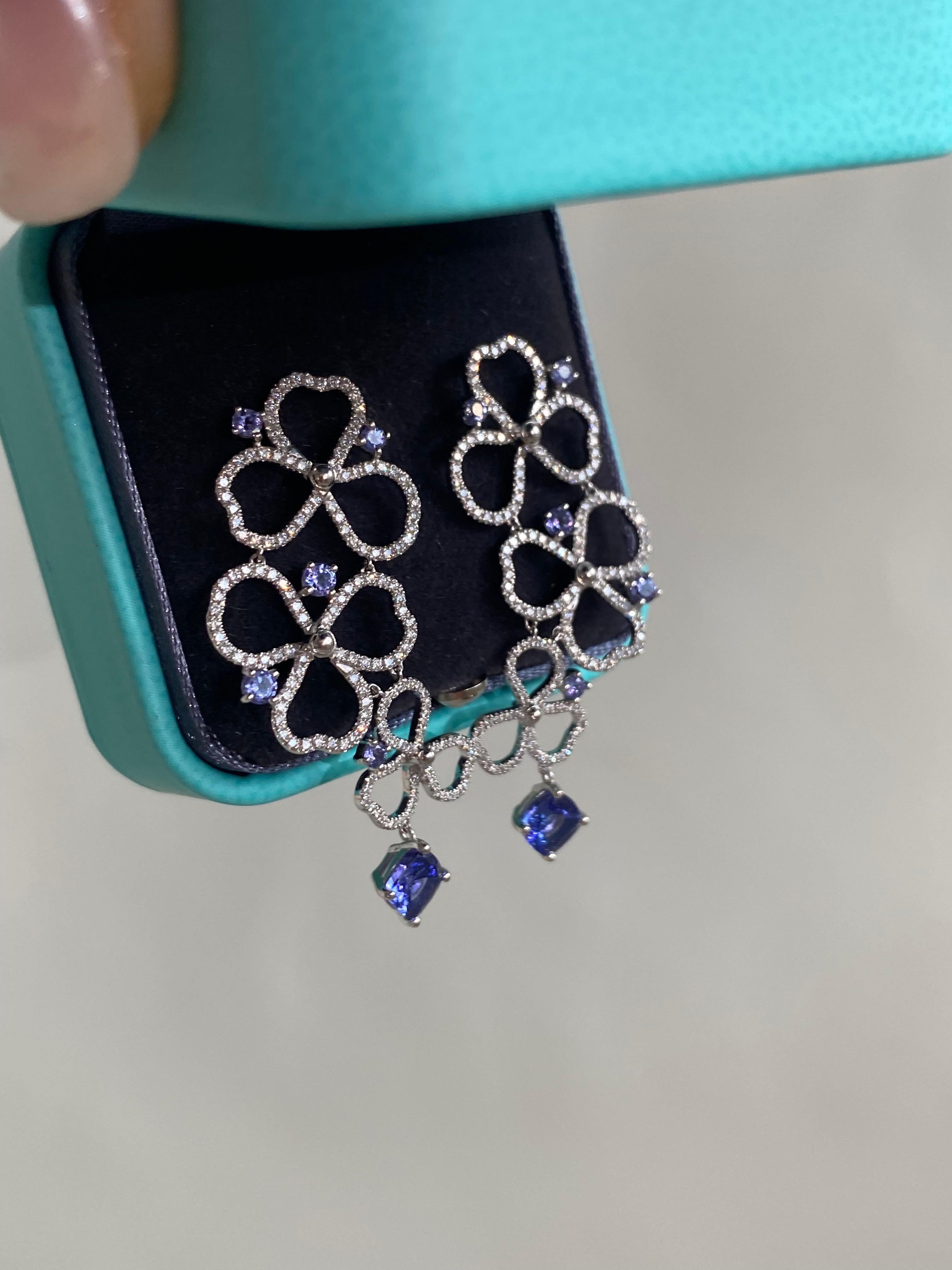 Round Cut Tiffany Co Paper Flower Drop Earrings With Tanzanites and Diamonds
