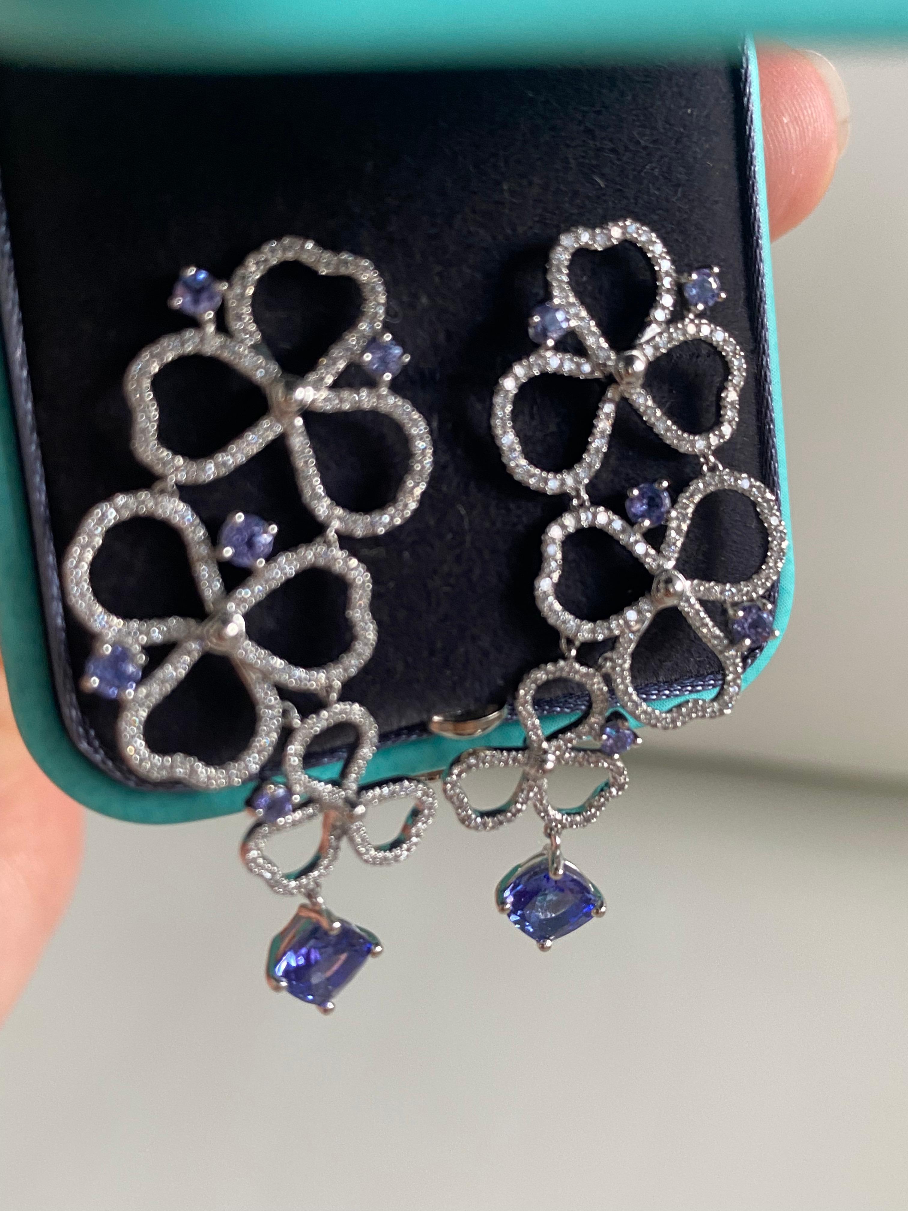 Tiffany Co Paper Flower Drop Earrings With Tanzanites and Diamonds  In Excellent Condition For Sale In New York, NY
