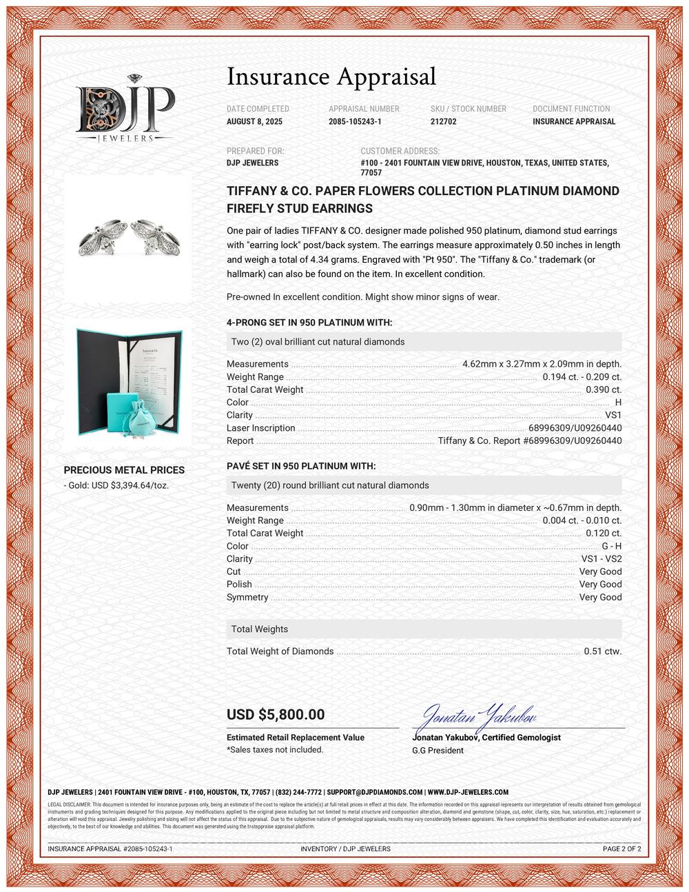 Tiffany & Co. Orecchini a perno con diamante e lucciola della collezione Paper Flowers in platino 4