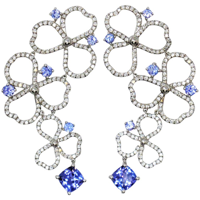 Tiffany & Co. Paper Flowers Diamond and Tanzanite Drop Earrings in Platinum For Sale