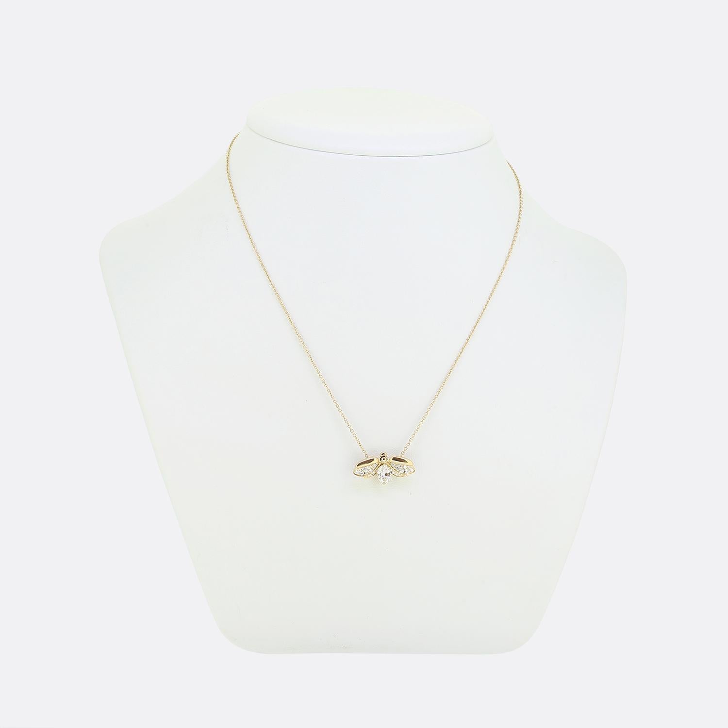 Here we have a charming 18ct rose gold necklace from the world renowned jewellery designer, Tiffany & Co. A slim signed belcher chain plays host to a captivating design featuring a firefly motif. The wings are embellished with pave-set diamonds,