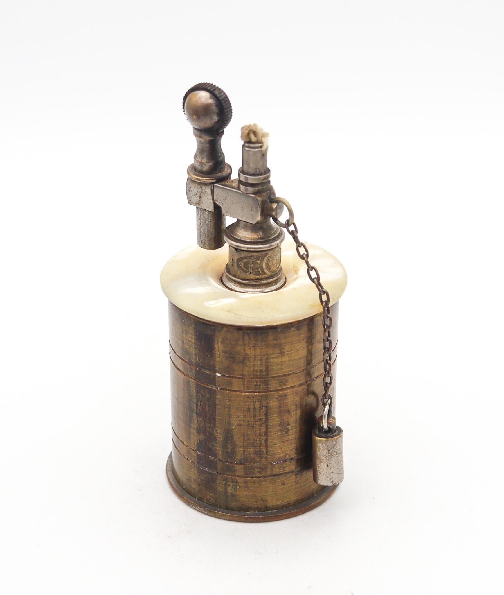 Tiffany Co. Paris 1919 French Table Petrol Lighter In Brass & Carved White Nacre In Excellent Condition For Sale In Miami, FL