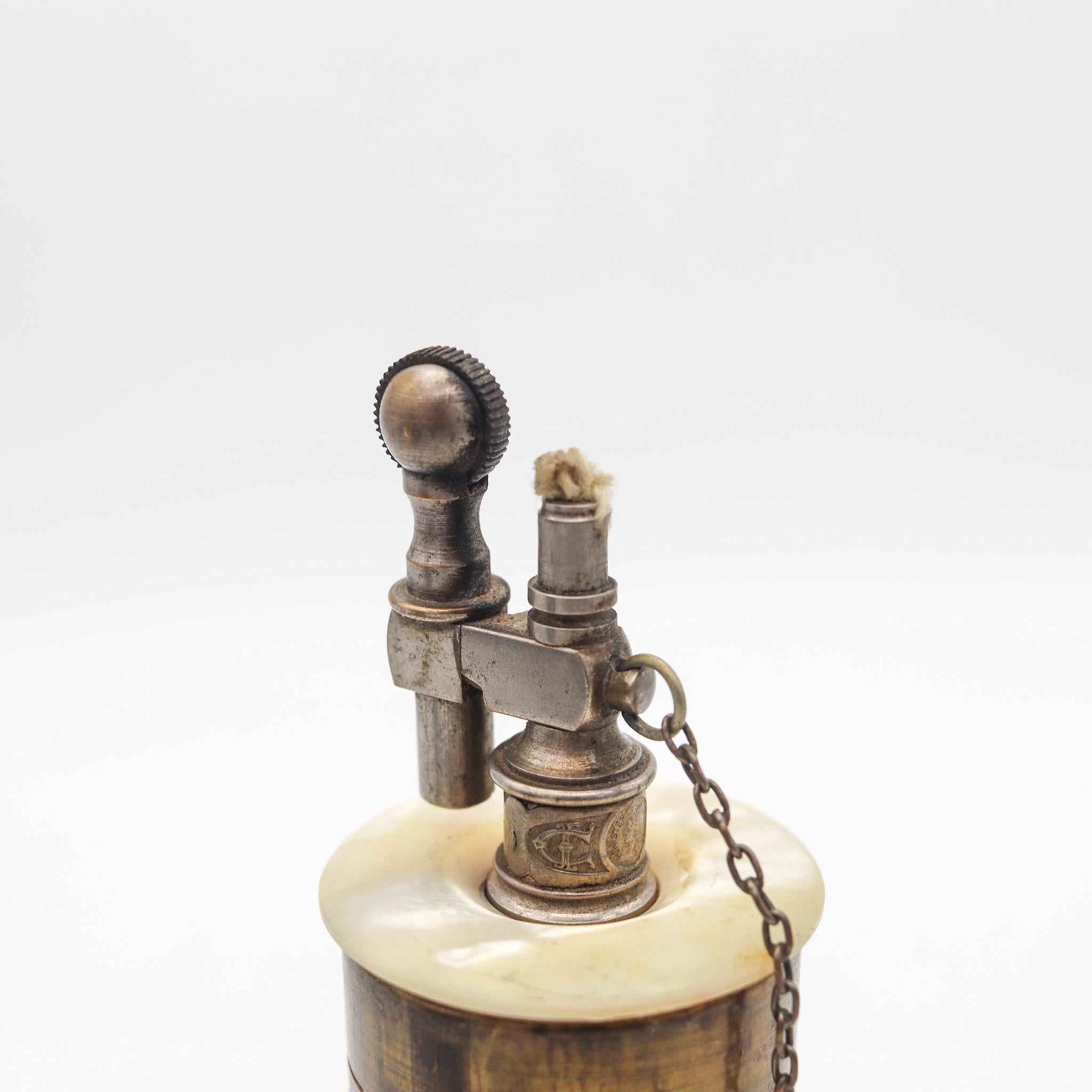 Early 20th Century Tiffany Co. Paris 1919 French Table Petrol Lighter In Brass & Carved White Nacre For Sale