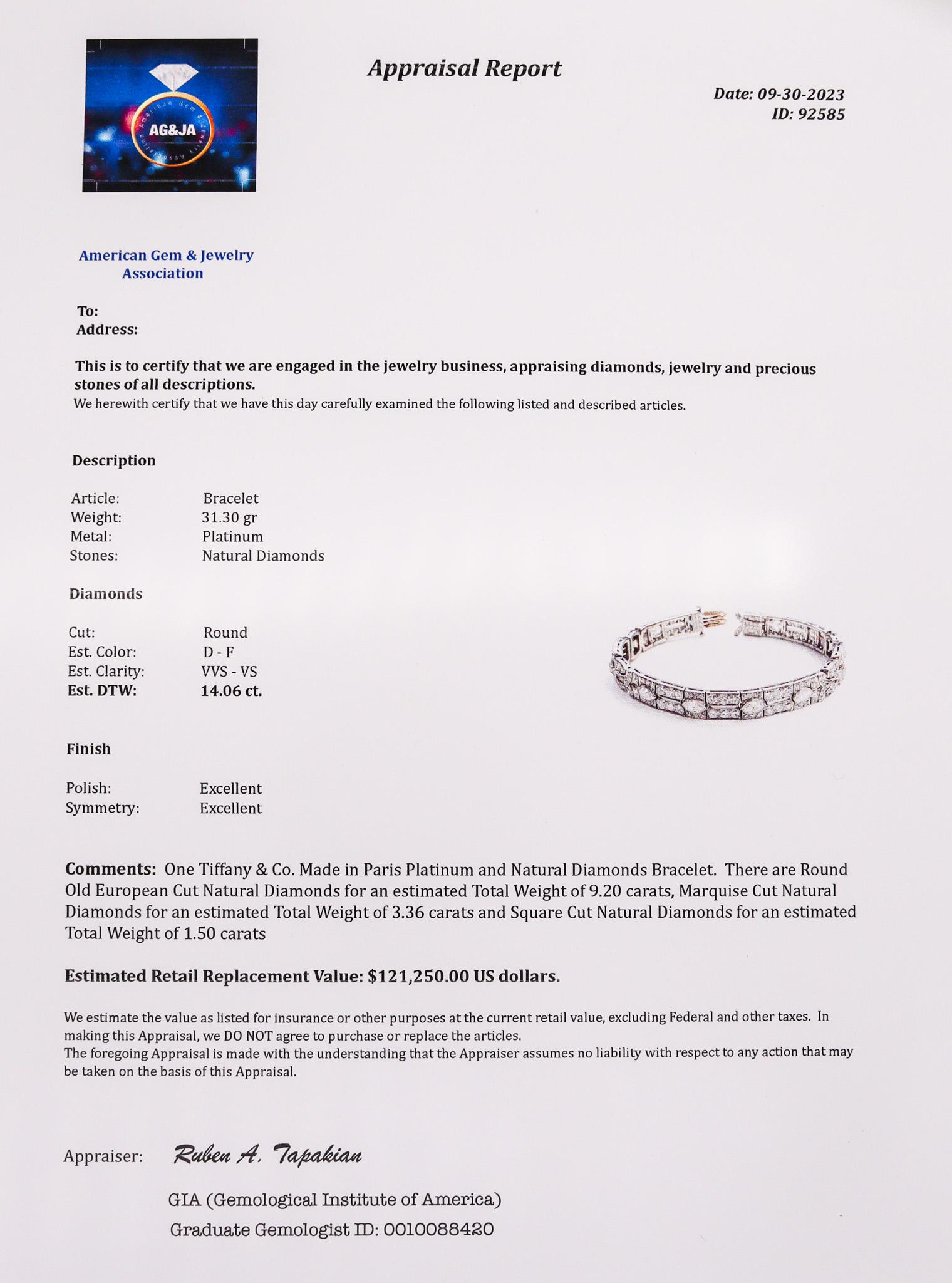 Tiffany & Co Paris 1925 French Art Deco Platinum Bracelet With 14.06 Ctw Diamond 9