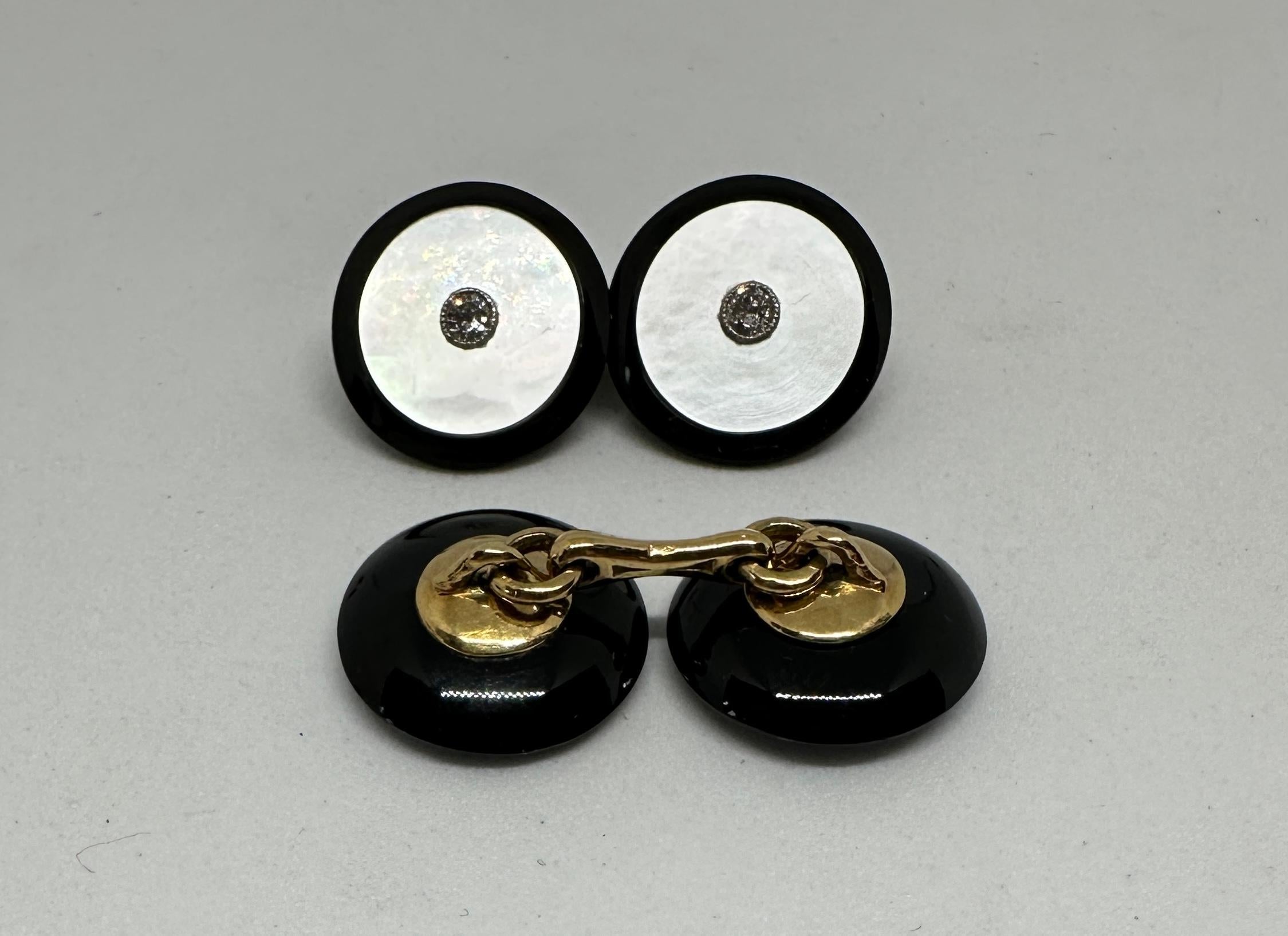 Brilliant Cut Tiffany & Co Paris Art Deco Cufflinks & Studs in Gold, Onyx, MOP and Diamonds For Sale