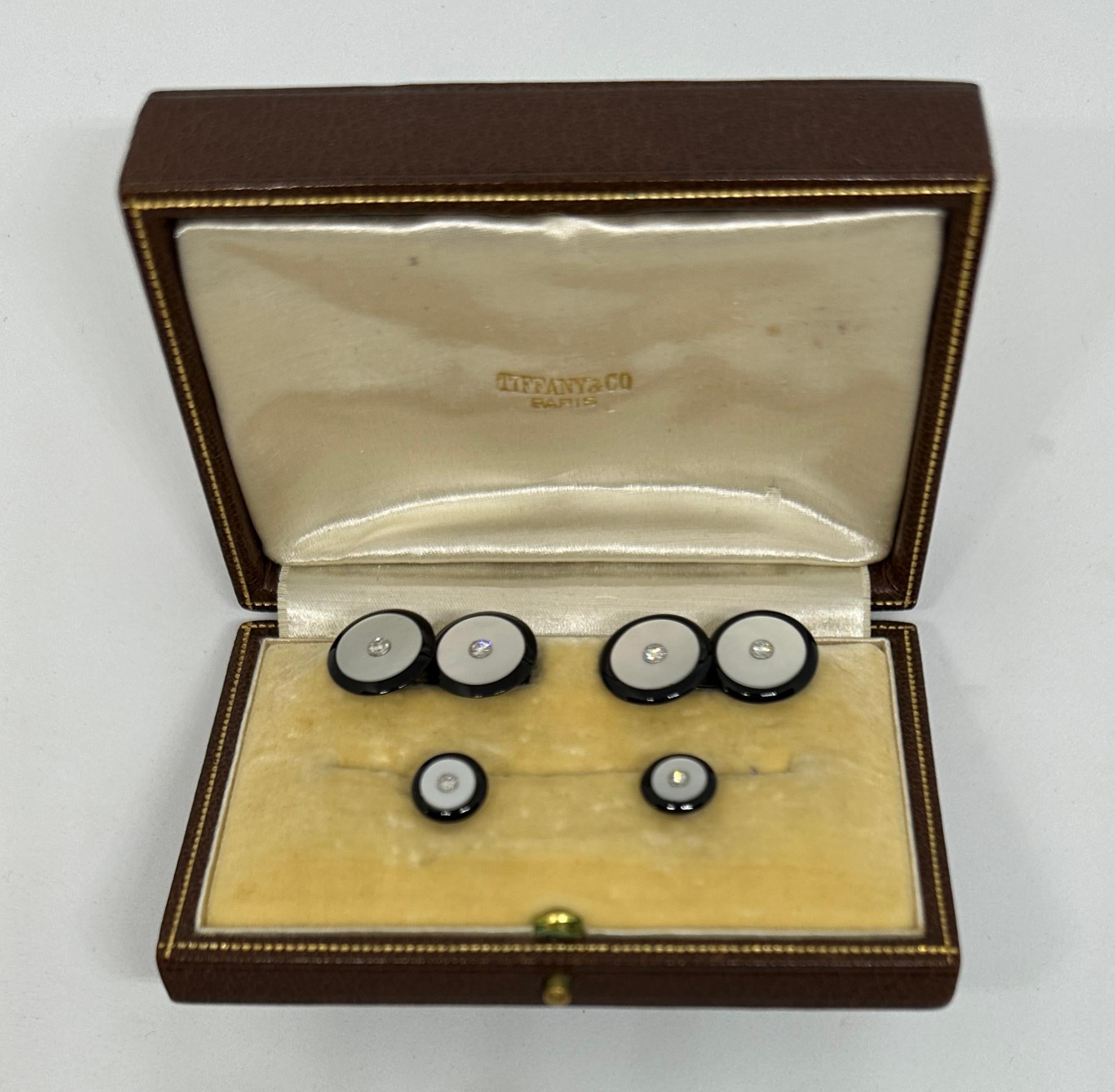 Tiffany & Co Paris Art Deco Cufflinks & Studs in Gold, Onyx, MOP and Diamonds In Excellent Condition For Sale In San Rafael, CA