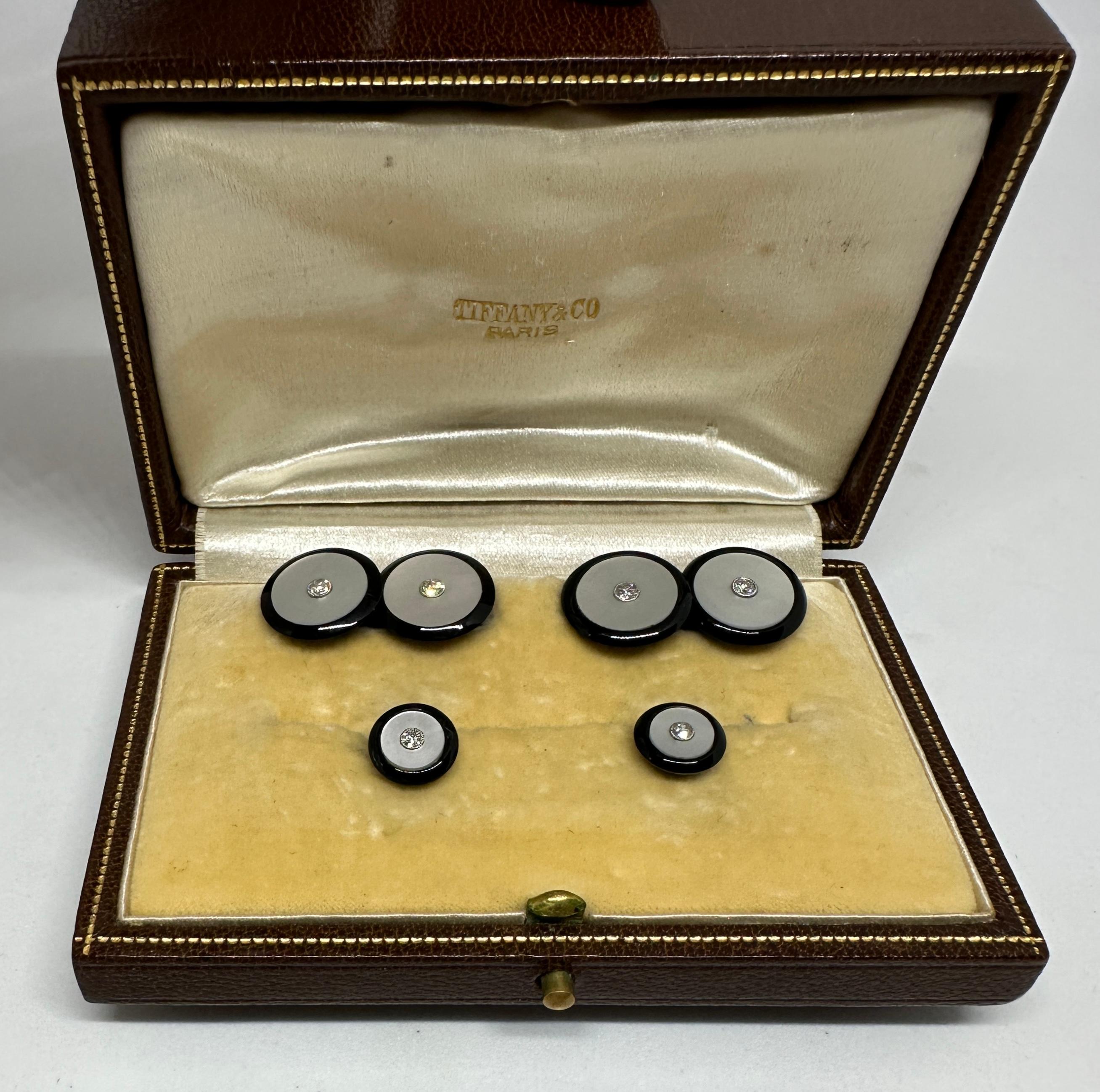 Tiffany & Co Paris Art Deco Cufflinks & Studs in Gold, Onyx, MOP and Diamonds For Sale 3