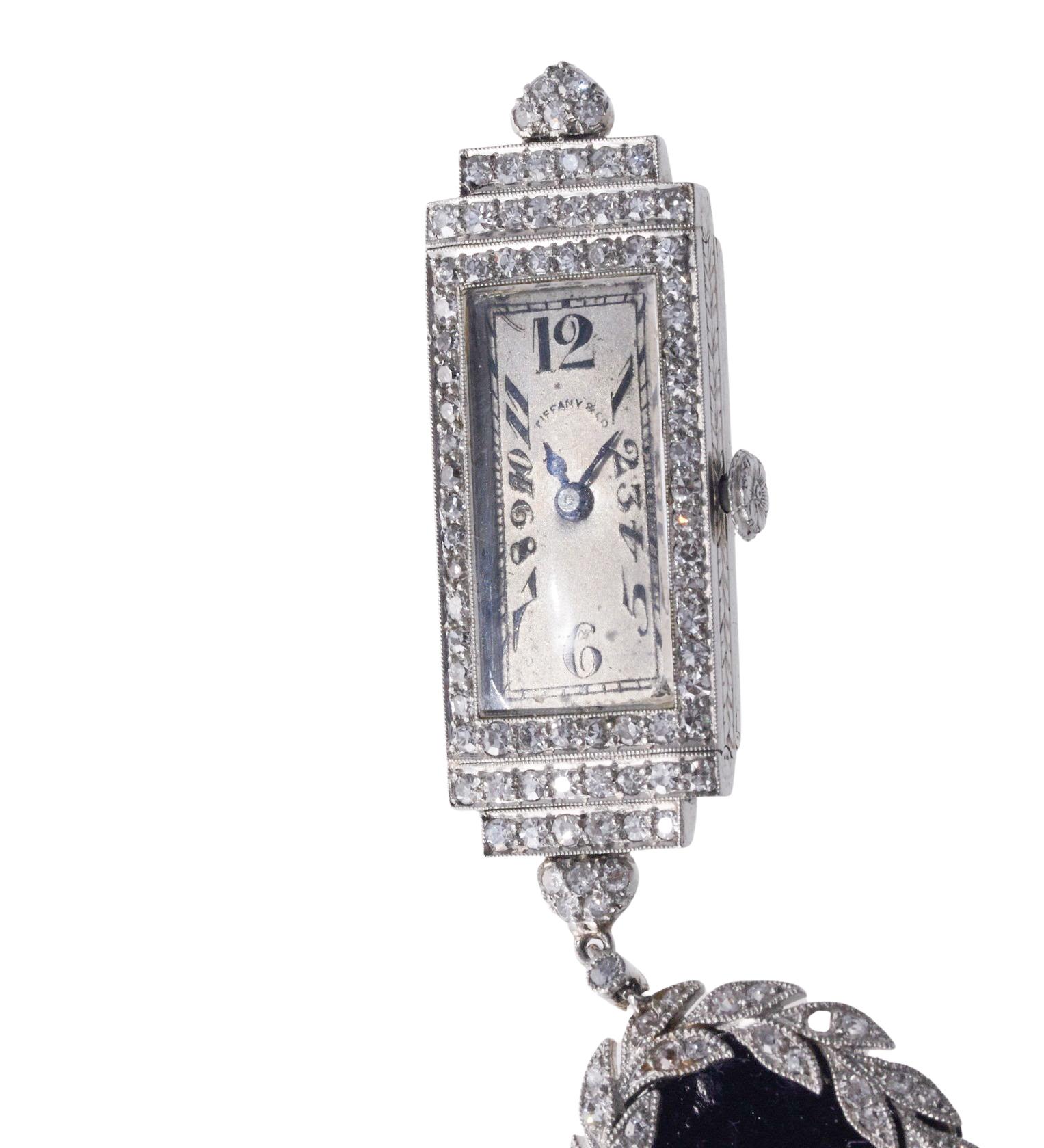 Round Cut Tiffany & Co Patek Philippe Iconic Edwardian Platinum Diamond Lapel Watch  For Sale