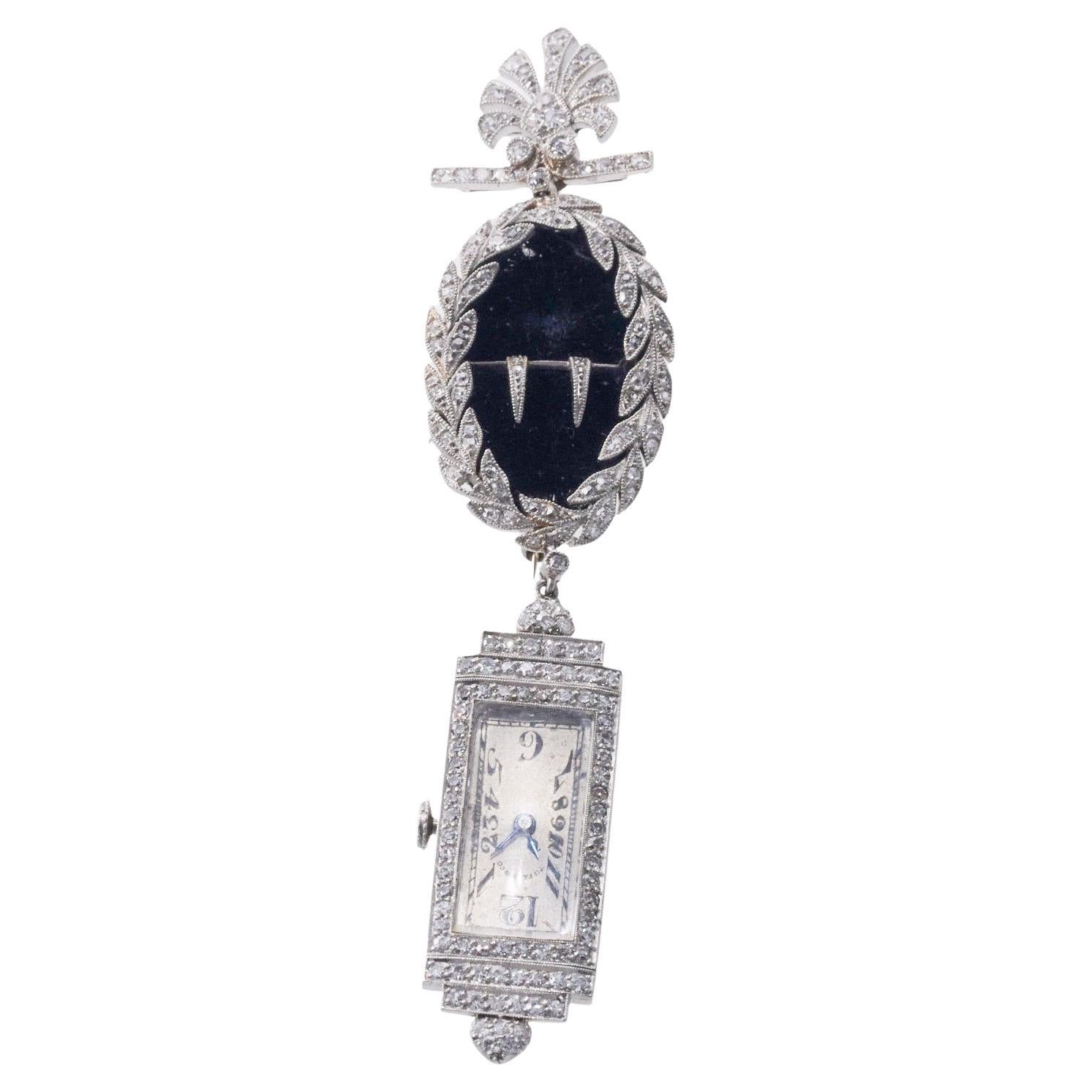 Tiffany & Co Patek Philippe Iconic Edwardian Platinum Diamond Lapel Watch  For Sale