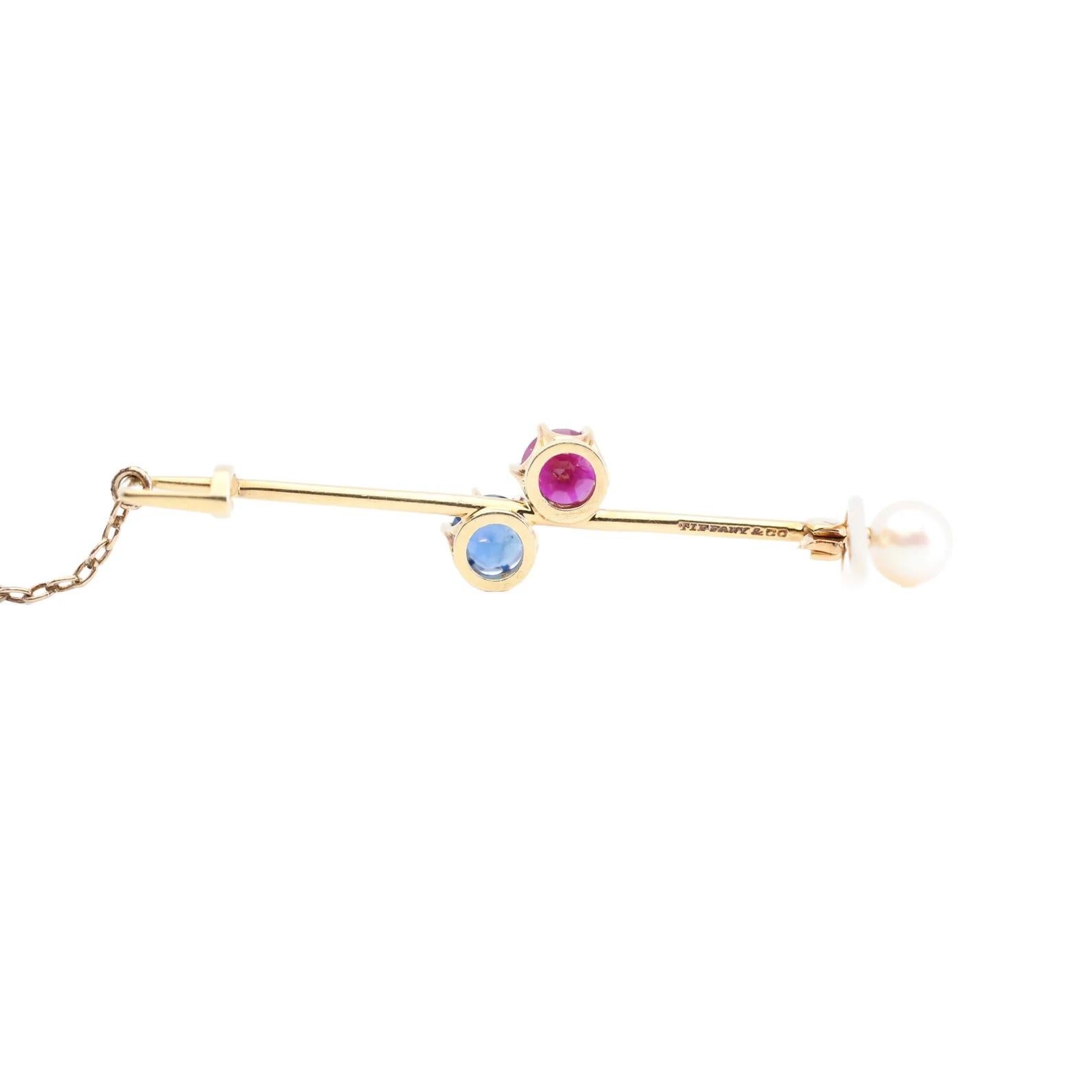 Round Cut Tiffany & Co Patriotic Ruby, Sapphire, Pearl Brooch in 18K Yellow Gold For Sale