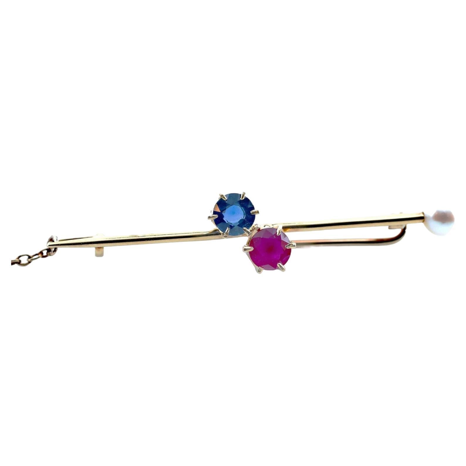 Tiffany & Co Patriotic Ruby, Sapphire, Pearl Brooch in 18K Yellow Gold For Sale