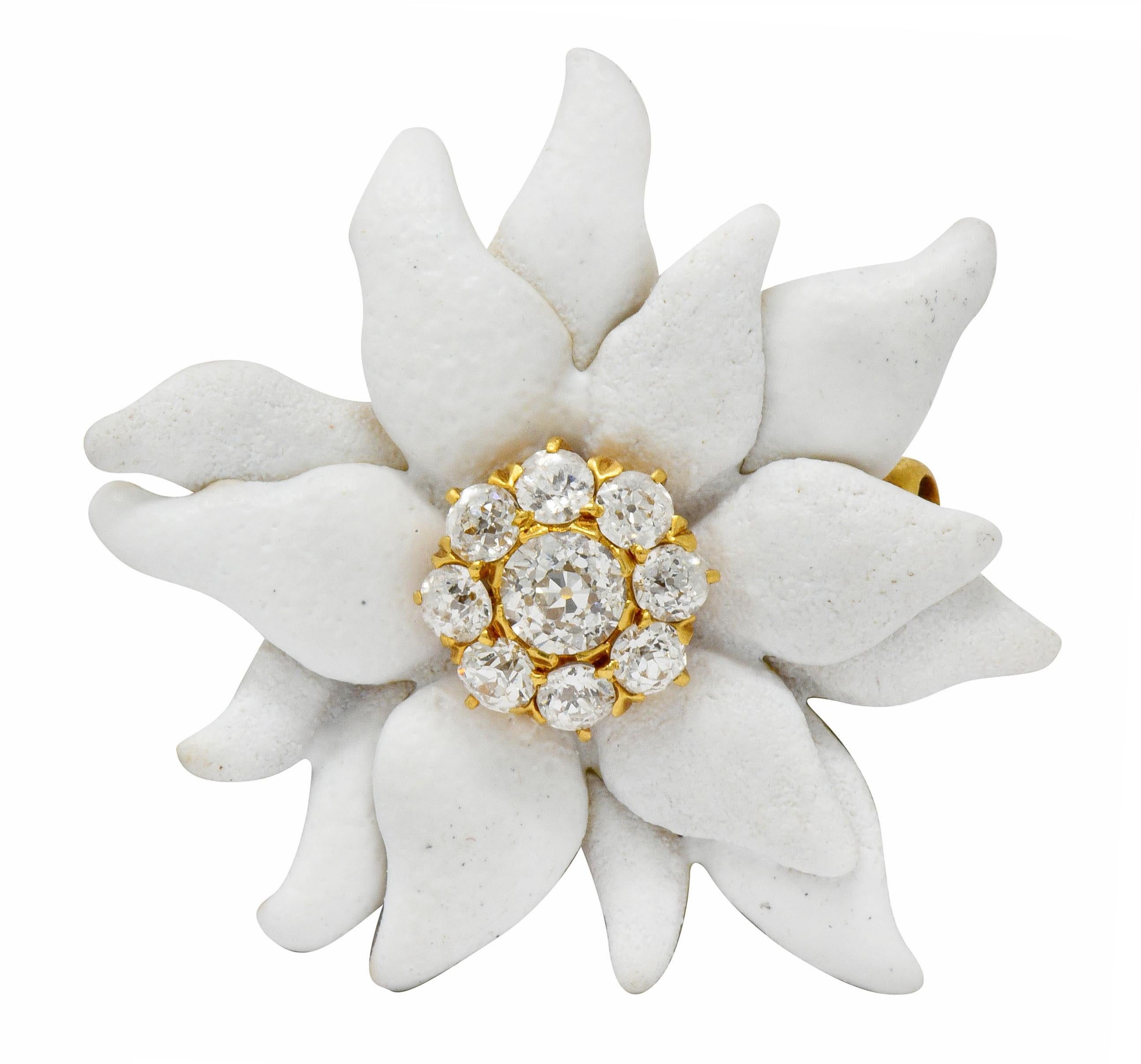 Brooch is designed as an edelweiss flower with dimensionally layered petals

Petals are coated by white enamel, matte, and exhibit no loss

Centering an old European cut diamond cluster, weighing approximately 1.30 carats; G to J color with VS
