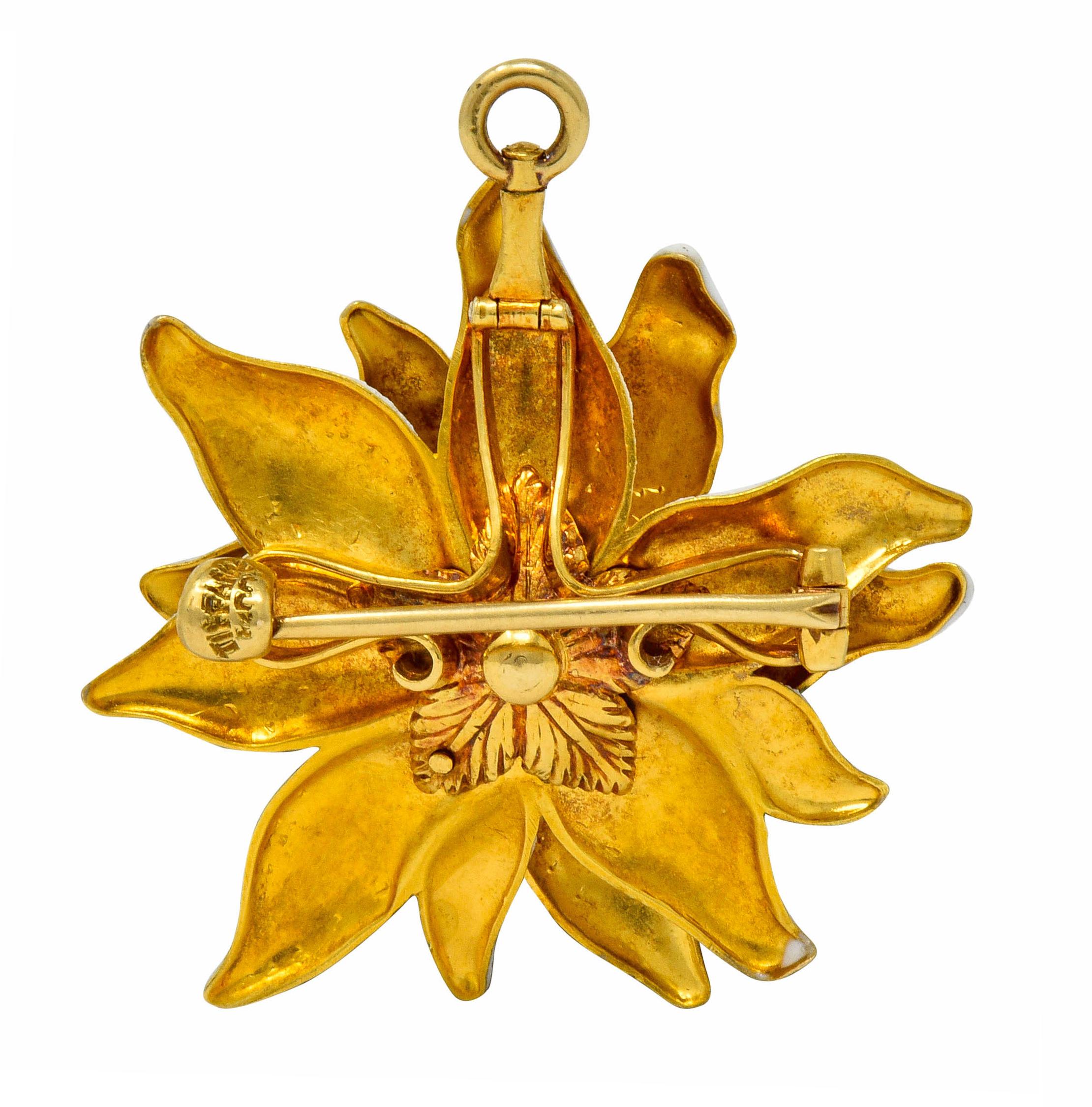 Victorian Tiffany & Co. Paulding Farnham Diamond Enamel 18 Karat Gold Flower Pendant Pin