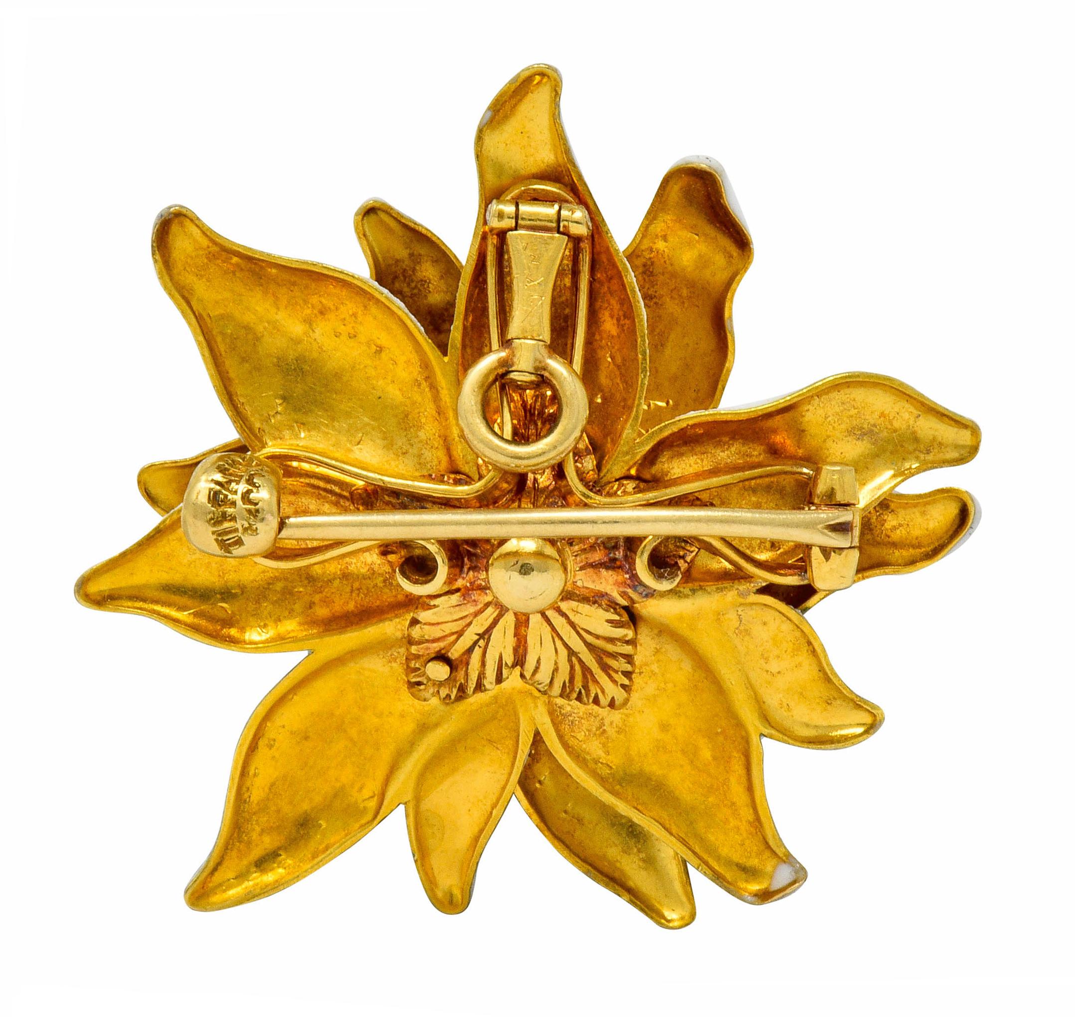 Old European Cut Tiffany & Co. Paulding Farnham Diamond Enamel 18 Karat Gold Flower Pendant Pin