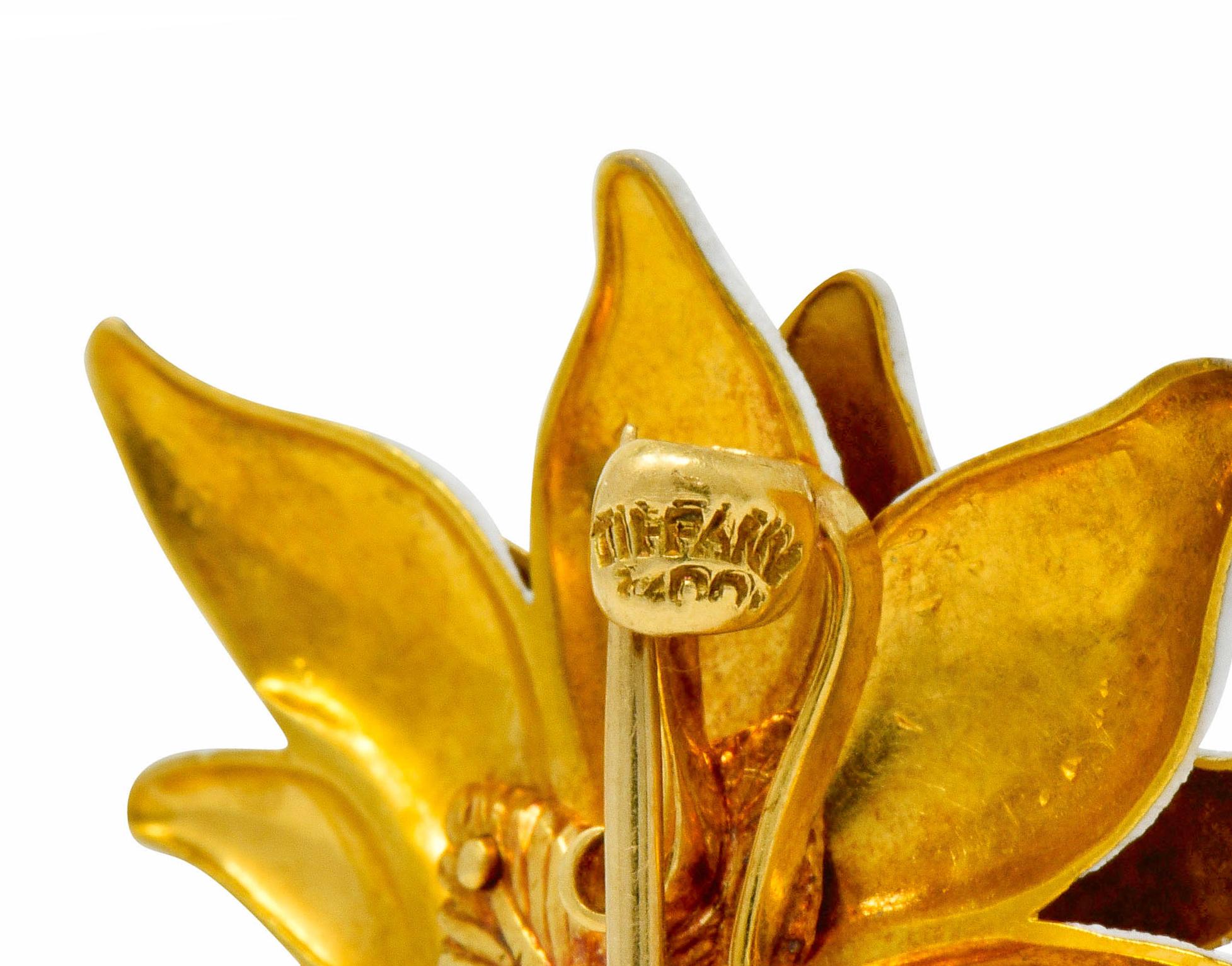 Tiffany & Co. Paulding Farnham Diamond Enamel 18 Karat Gold Flower Pendant Pin In Excellent Condition In Philadelphia, PA
