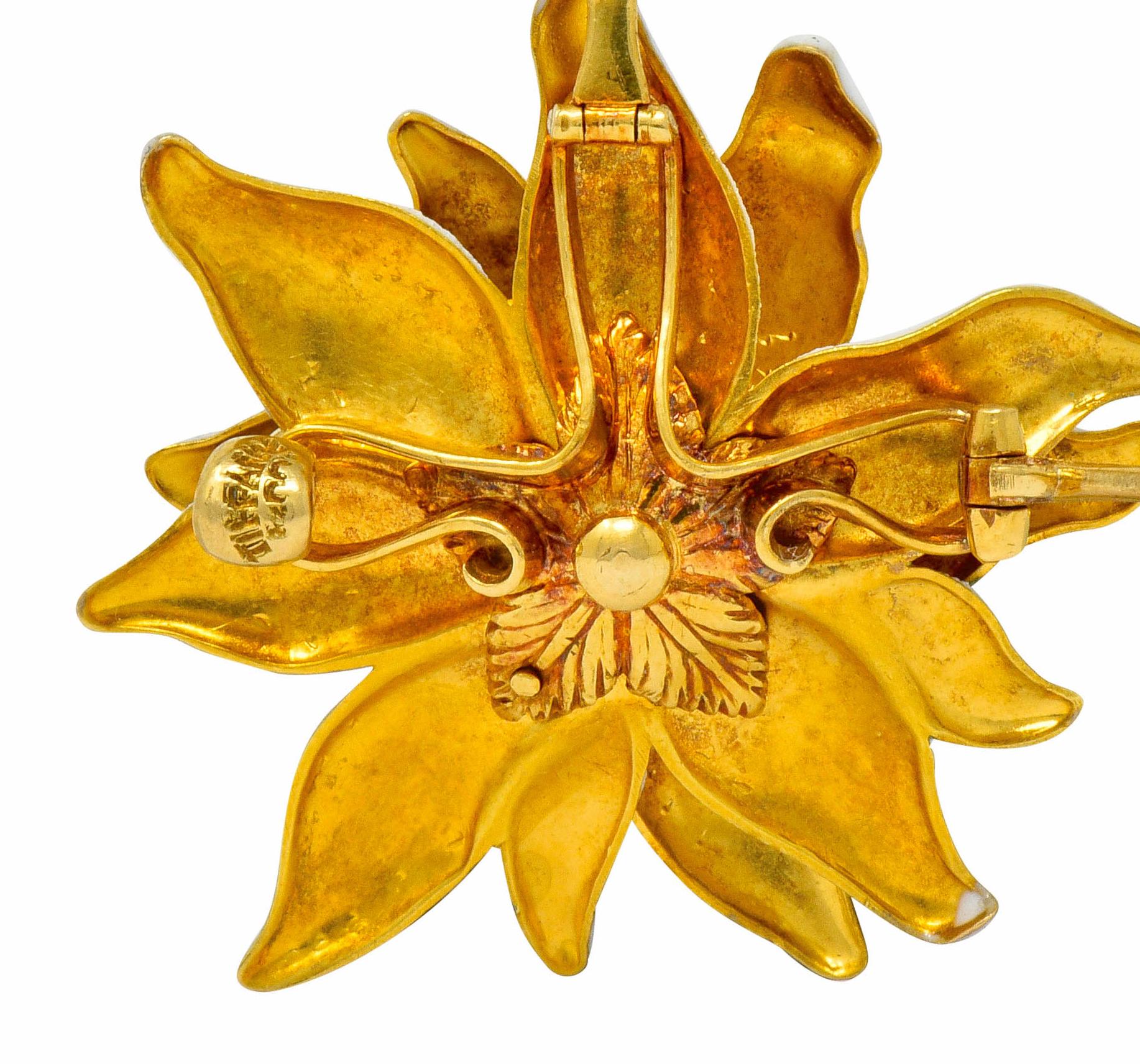 Women's or Men's Tiffany & Co. Paulding Farnham Diamond Enamel 18 Karat Gold Flower Pendant Pin