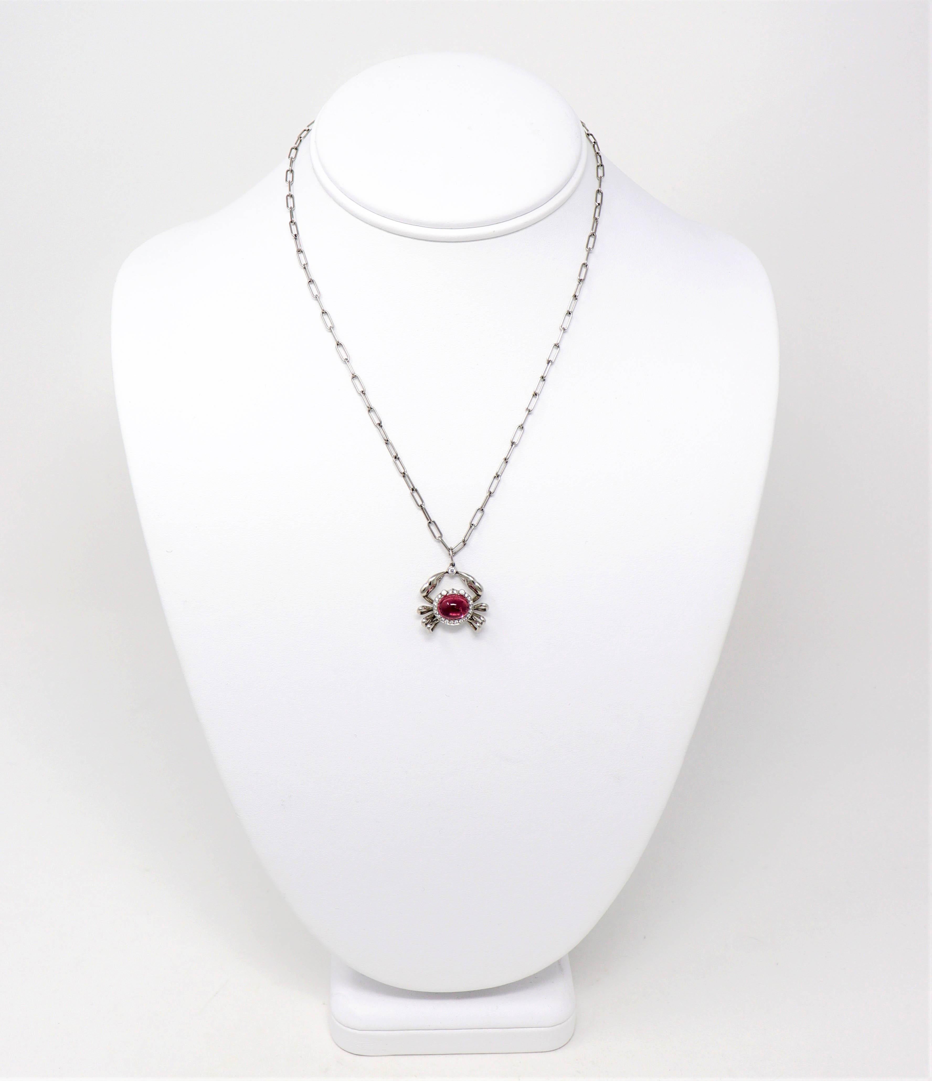 Contemporary Tiffany & Co. Pave Diamond and Pink Tourmaline Crab Pendant Necklace in Platinum
