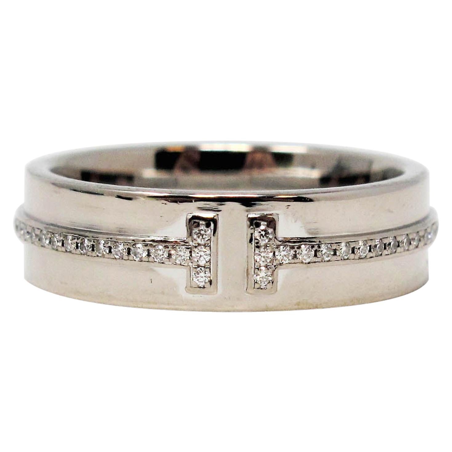 Tiffany & Co. Pave Diamond Tiffany T Band Ring in 18 Karat White Gold For Sale