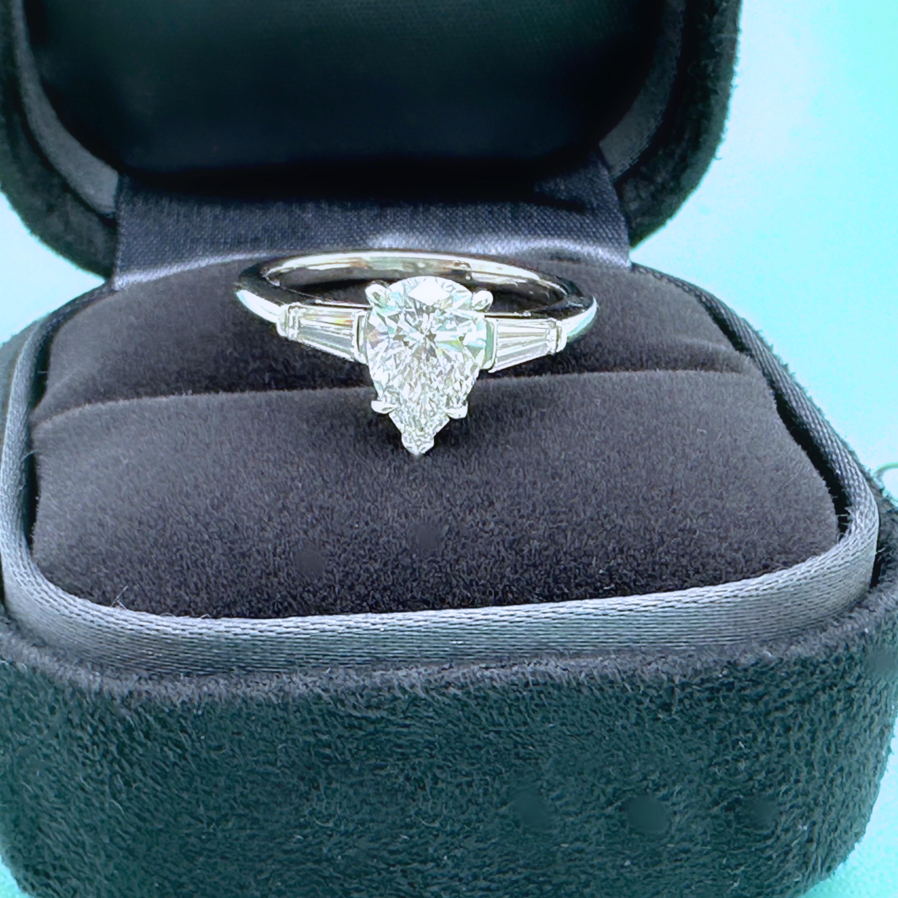 Pear Cut Tiffany & Co. Pear Diamond 1.07 D VS2 with Baguette Side Stones Engagement Ring For Sale