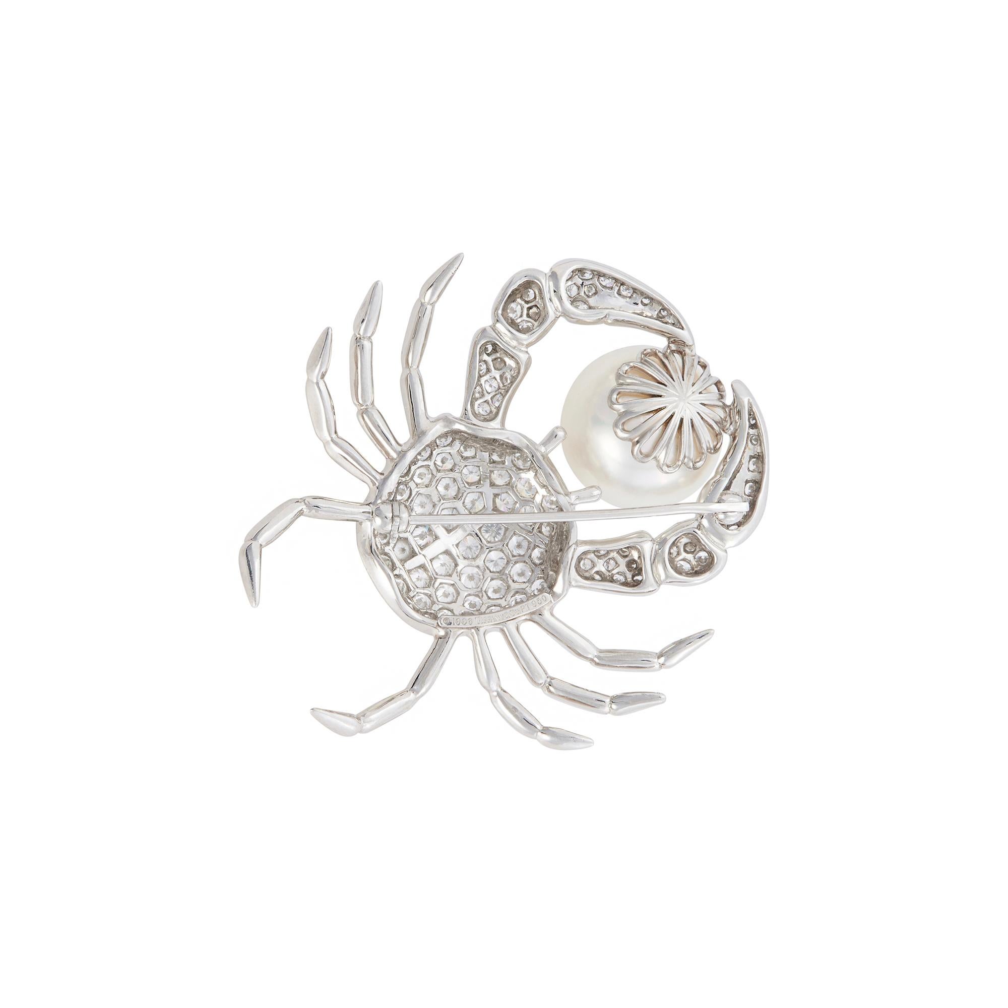Round Cut Tiffany & Co. Pearl and Diamond Crab Brooch