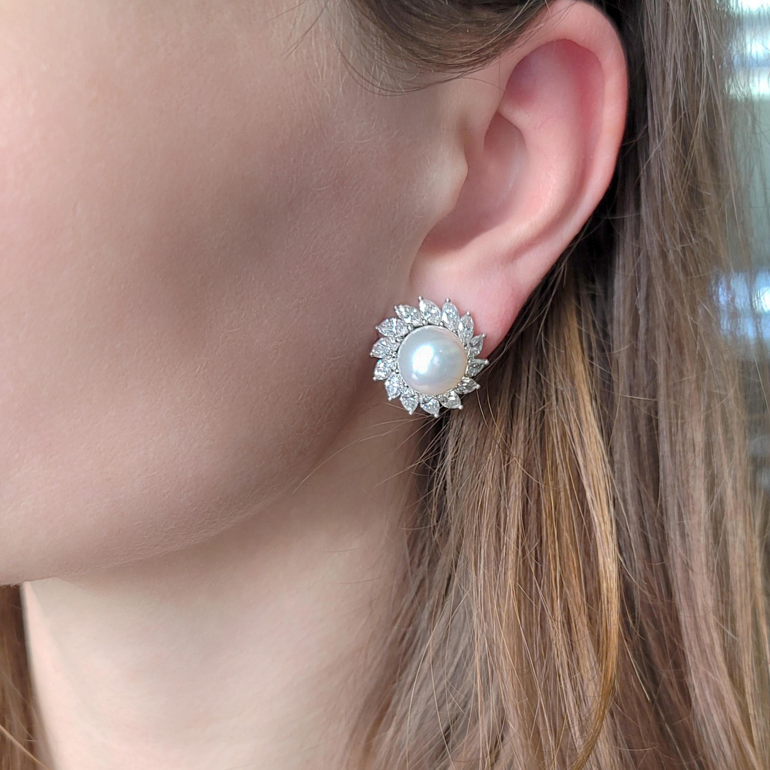Artist Tiffany & Co. Pearl And  Diamond Ear Clip Earrings In Platinum. For Sale